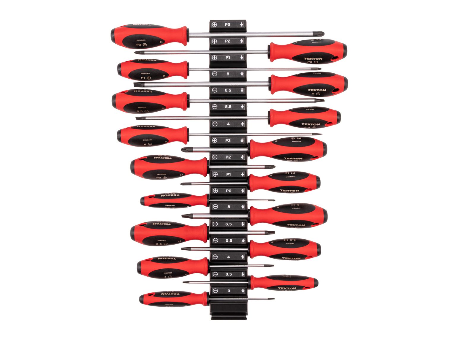 Top view of Tekton black 4, 8 inch shanks screwdriver set. Item #DWZ90123