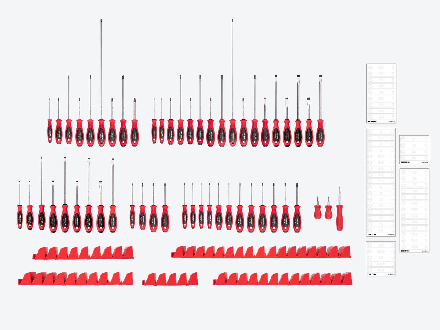 TEKTON Phillips, Slotted, Torx, Square Screwdriver Set with Red Modular Organizers - 4, 8, 18 Inch Shanks (54-Piece)