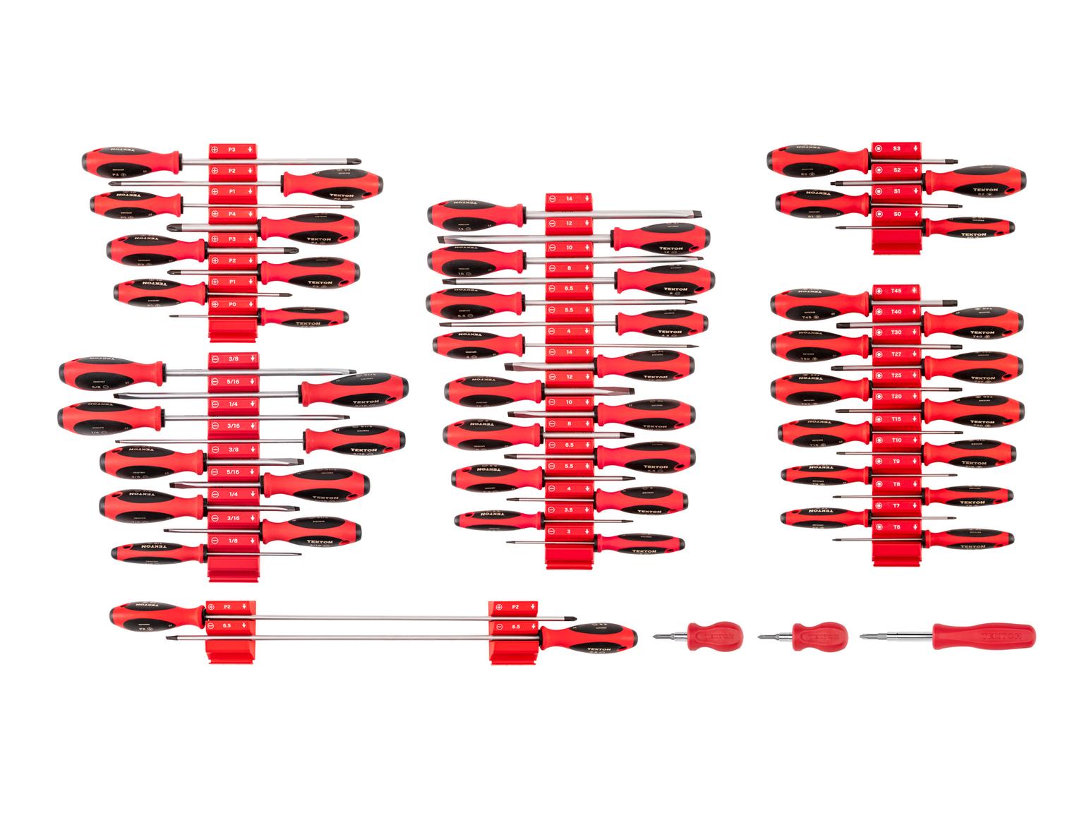 TEKTON Phillips, Slotted, Torx, Square Screwdriver Set with Red Modular Organizers - 4, 8, 18 Inch Shanks (54-Piece)
