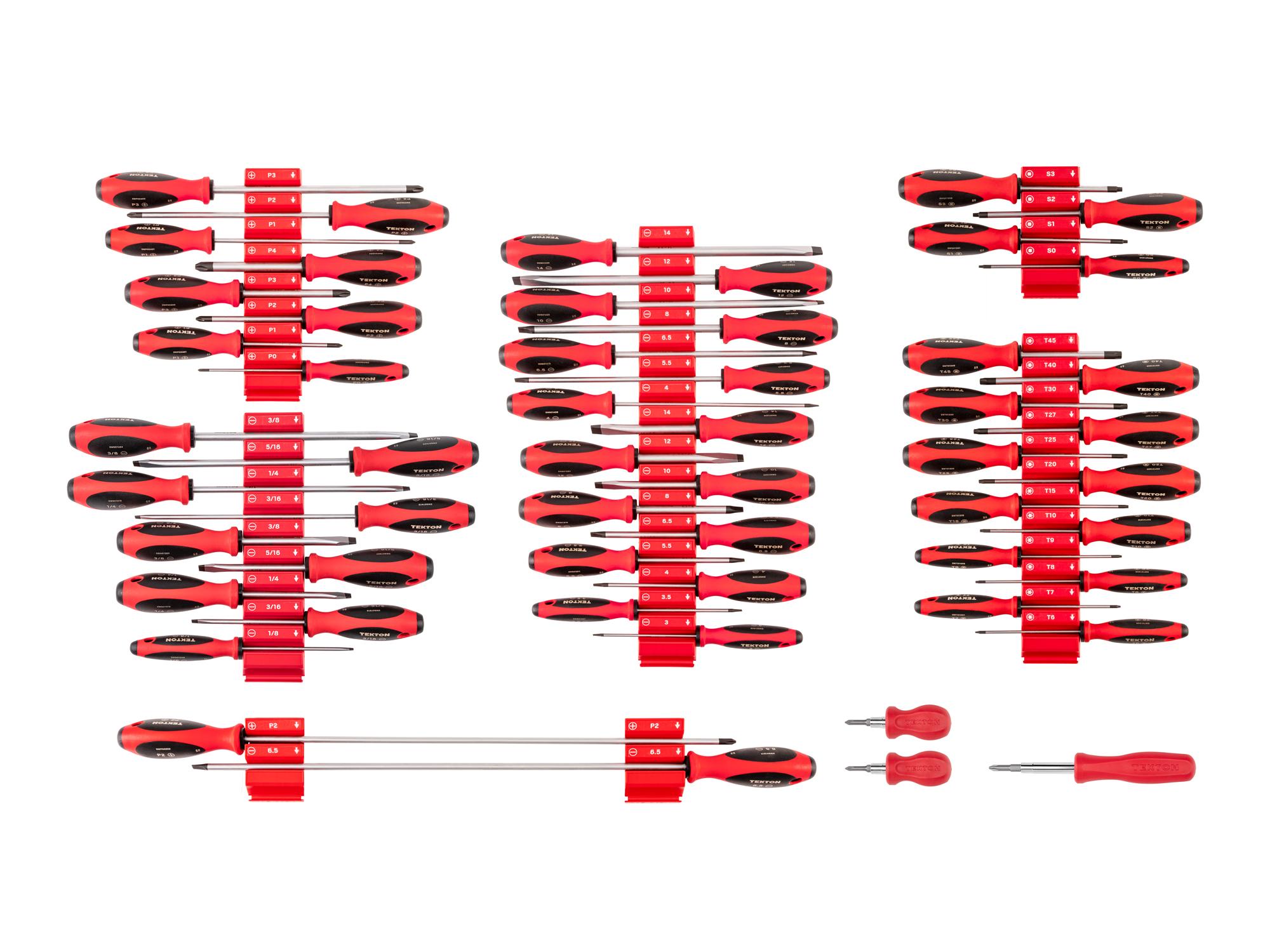 TEKTON Phillips, Slotted, Torx, Square Screwdriver Set with Red Modular Organizers - 4, 8, 18 Inch Shanks (54-Piece)