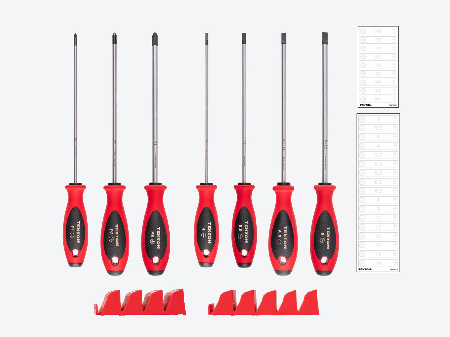TEKTON Phillips and Slotted Screwdriver Set with Red Modular Organizers - 8 Inch Shanks, 7-Piece (#1 - #3, 4 - 8 mm)