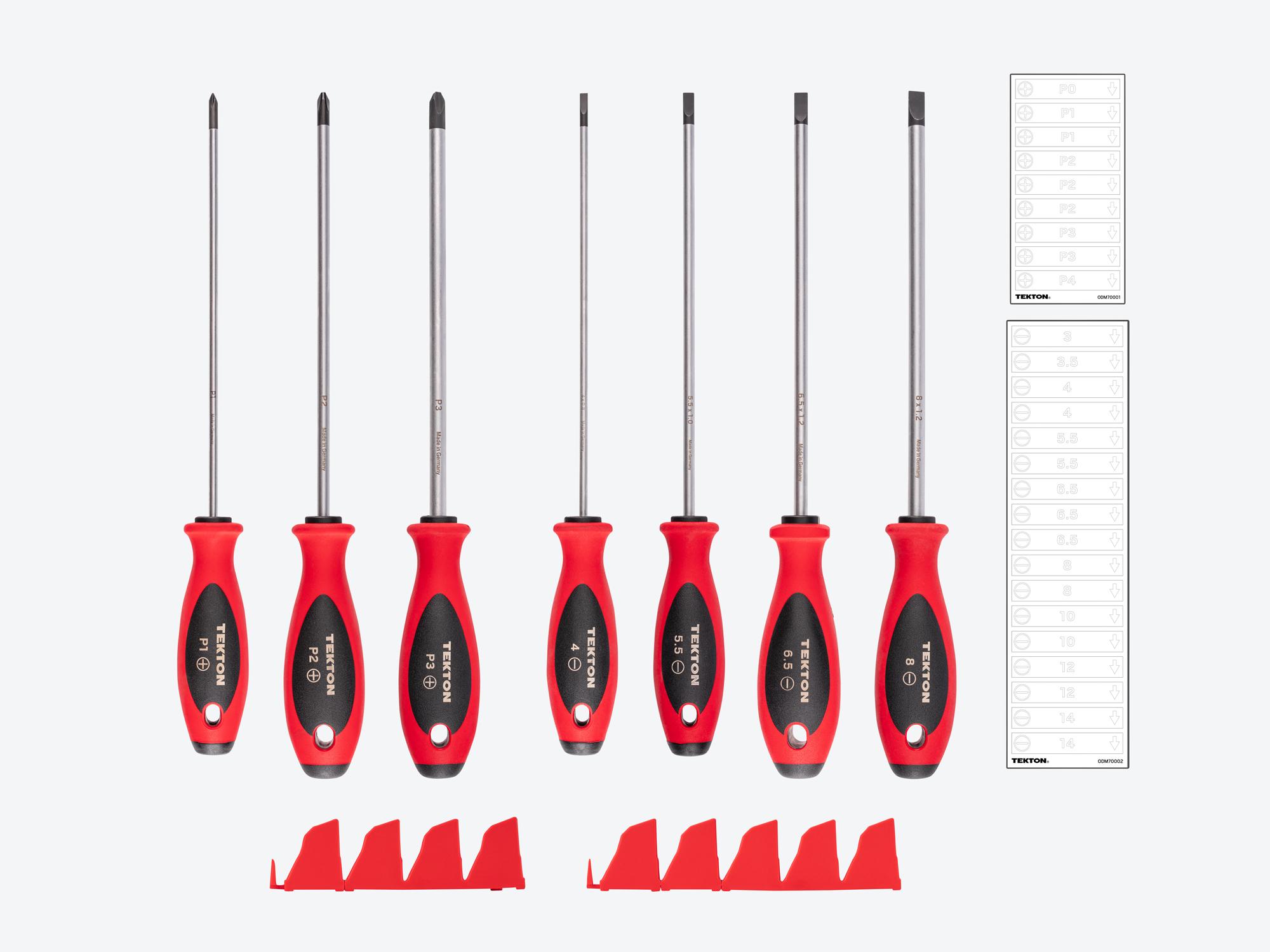 TEKTON Phillips and Slotted Screwdriver Set with Red Modular Organizers - 8 Inch Shanks, 7-Piece (#1 - #3, 4 - 8 mm)