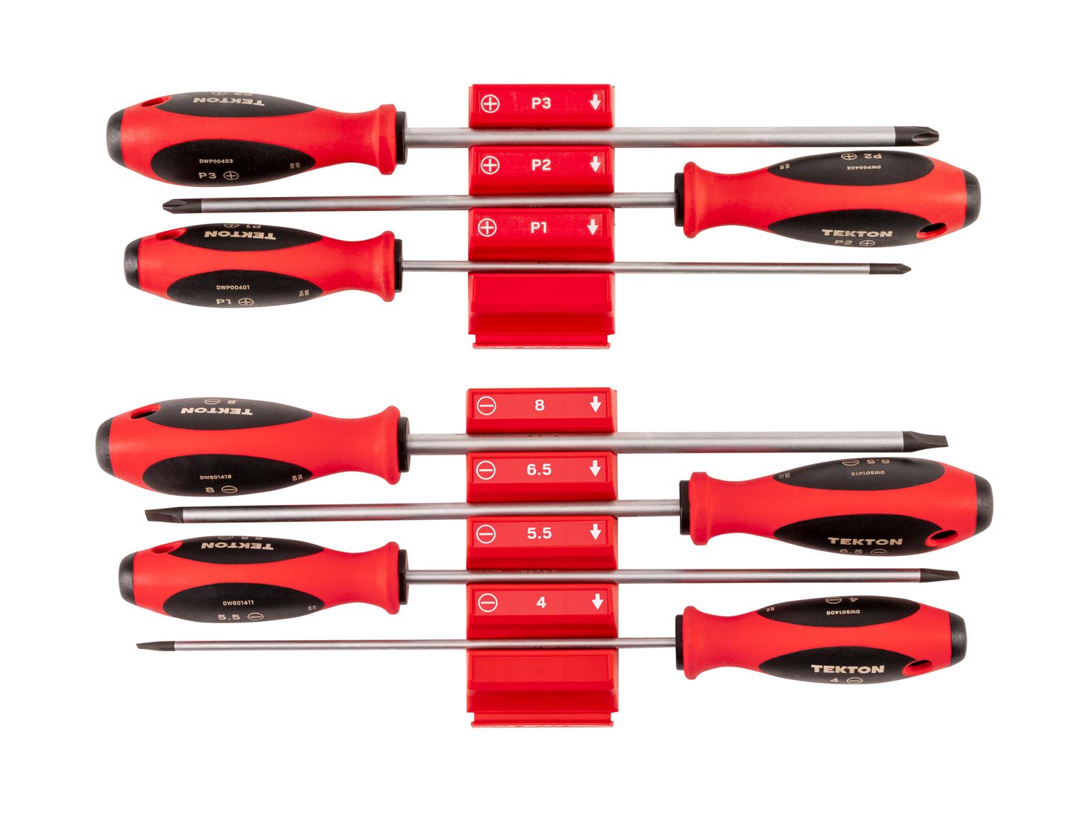 TEKTON Phillips and Slotted Screwdriver Set with Red Modular Organizers - 8 Inch Shanks, 7-Piece (#1 - #3, 4 - 8 mm)