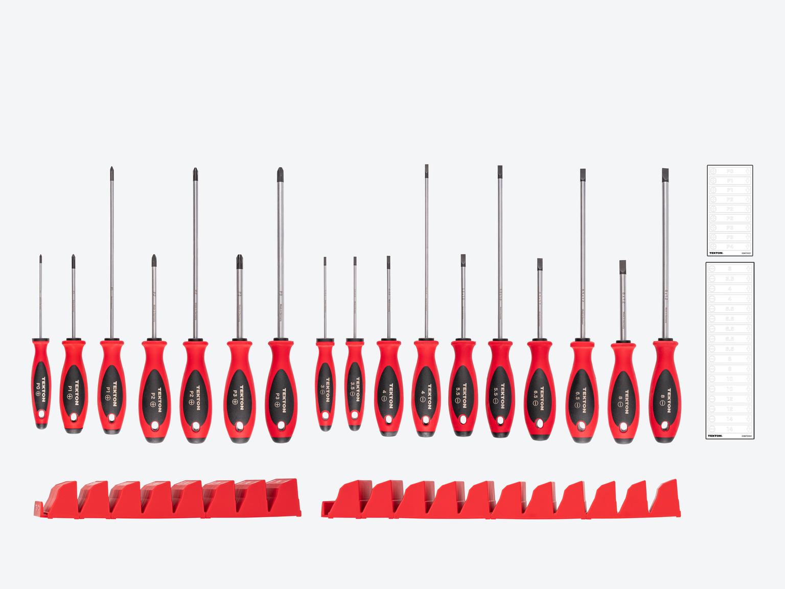 TEKTON Phillips and Slotted Screwdriver Set with Red Modular Organizers - 4, 8 Inch Shanks, 17-Piece (#0 - #3, 3 - 8 mm)