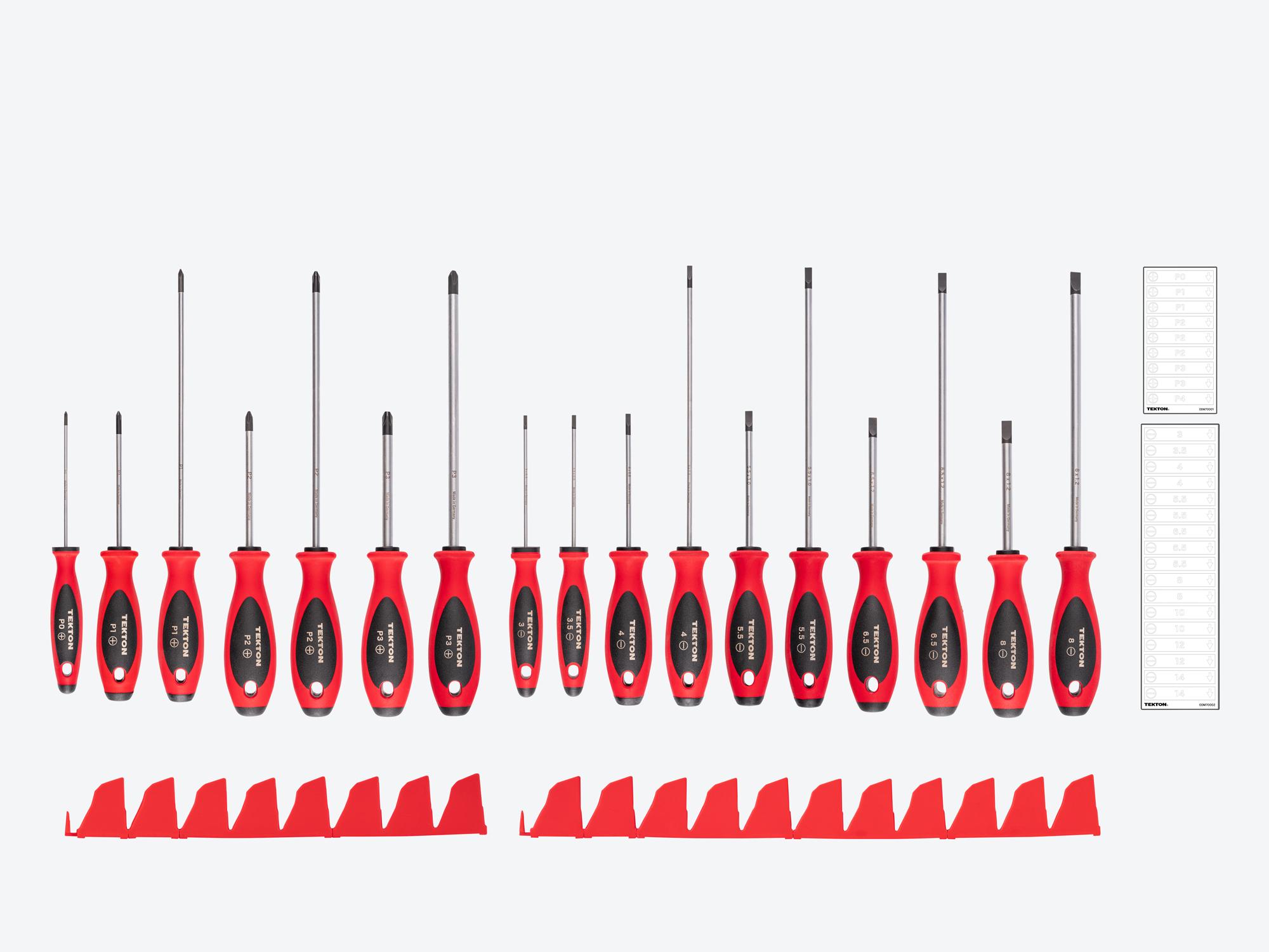 TEKTON Phillips and Slotted Screwdriver Set with Red Modular Organizers - 4, 8 Inch Shanks, 17-Piece (#0 - #3, 3 - 8 mm)