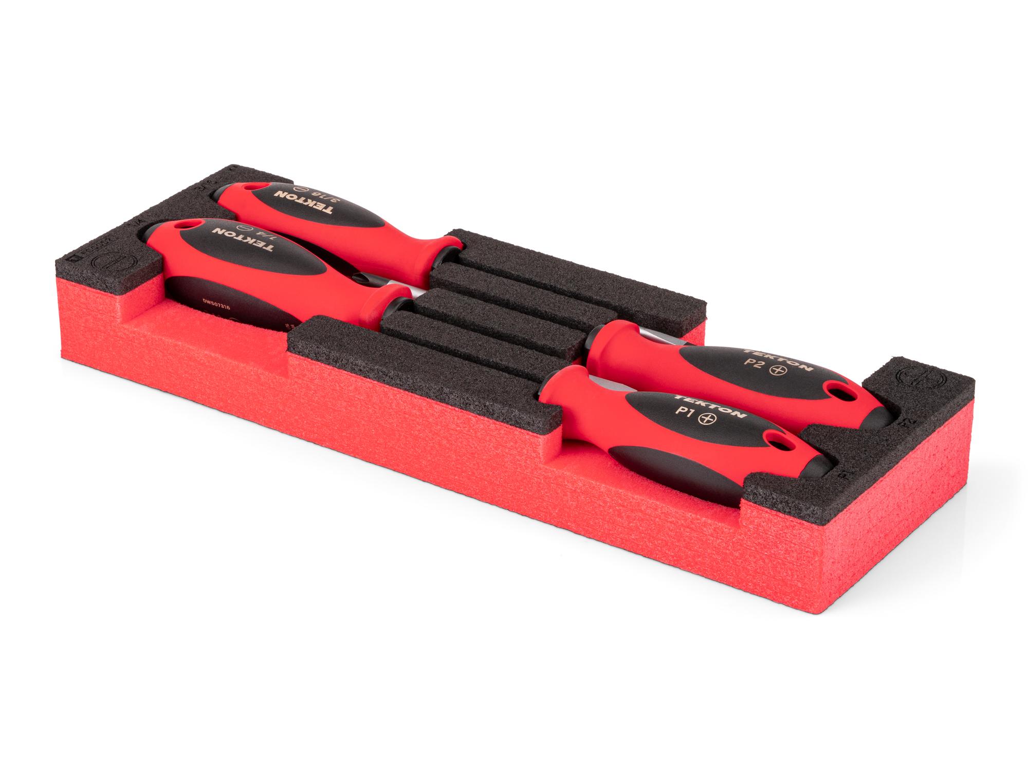 Angled view of red Tekton Phillips and Slotted Screwdriver Set with 12 x 4 Inch Foam Organizer. DWZ90400