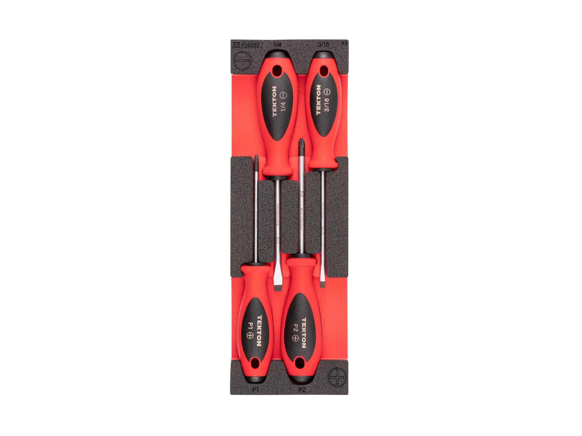 Top view of red Tekton Phillips and Slotted Screwdriver Set with 12 x 4 Inch Foam Organizer. DWZ90400