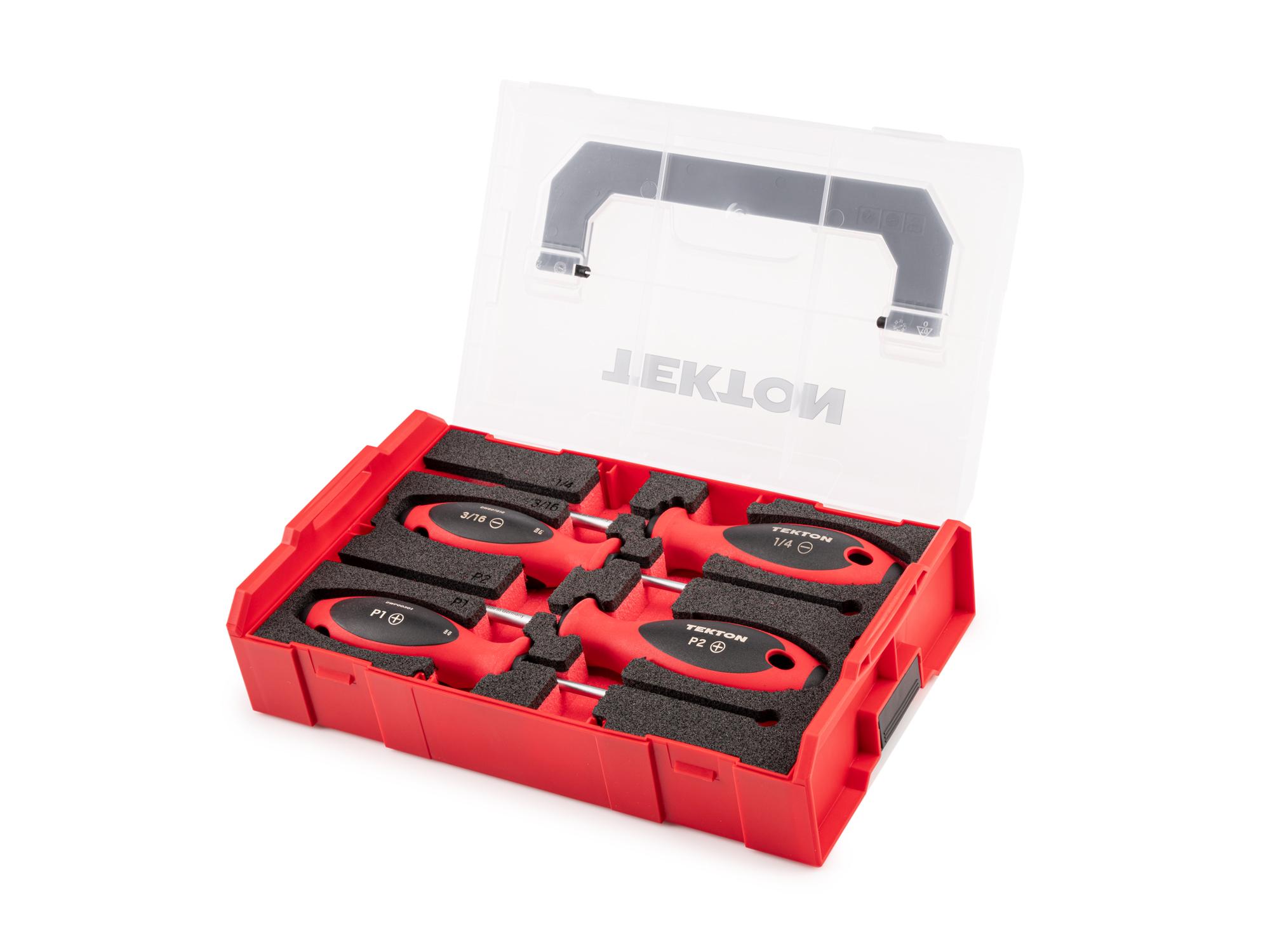 Front-right angle view of Tekton 4 inch shanks screwdriver set. Item #DWZ90603