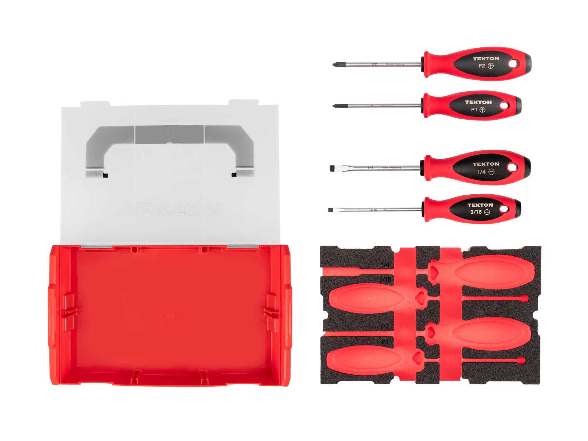 Laid out contents of Tekton 4 inch shanks screwdriver set. Item #DWZ90603