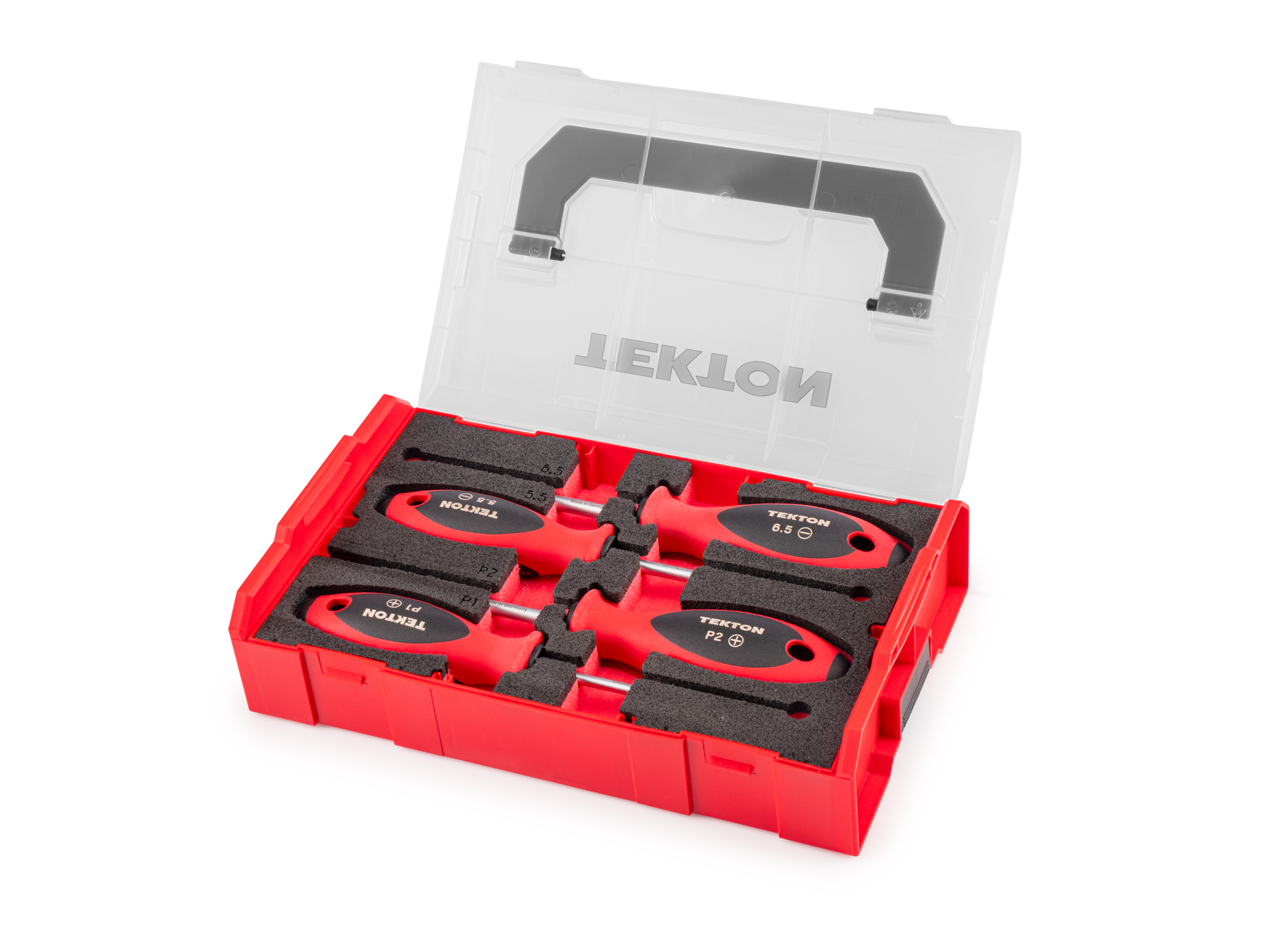 Front-right angle view of  Tekton 4 inch screwdriver set. Item #DWZ90604
