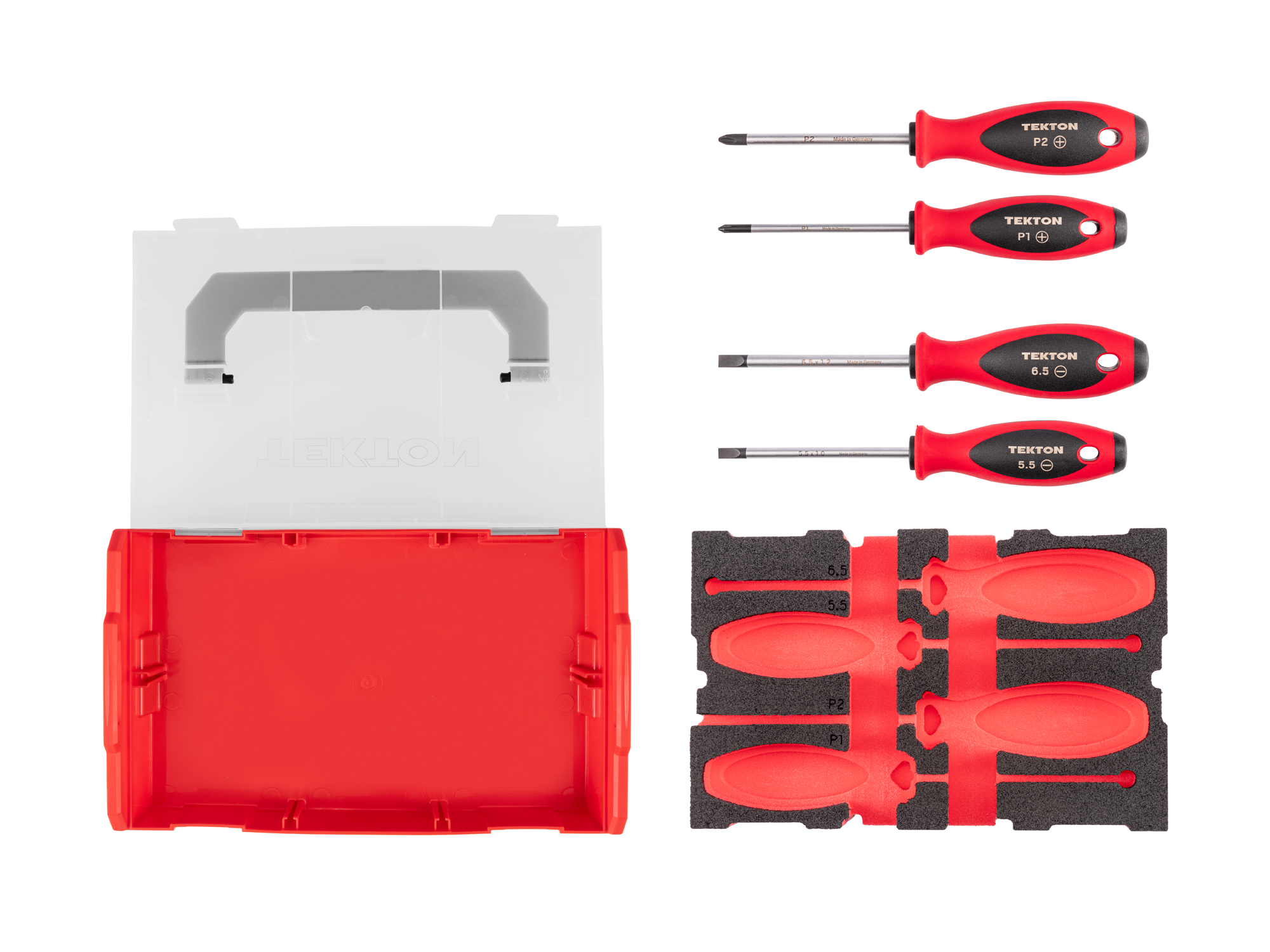Laid out contents of  Tekton 4 inch screwdriver set. Item #DWZ90604