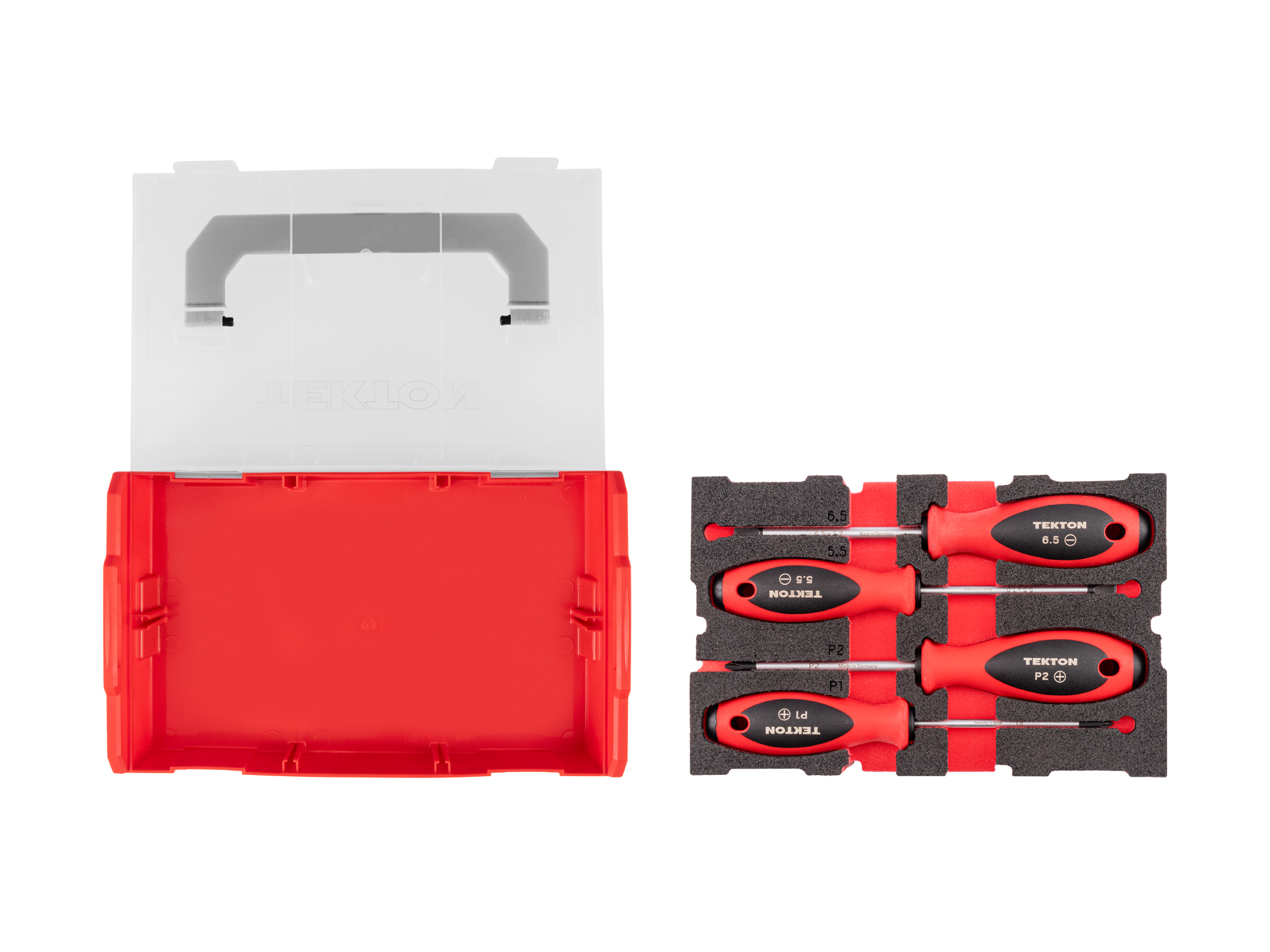 Laid out contents of  Tekton 4 inch screwdriver set. Item #DWZ90604