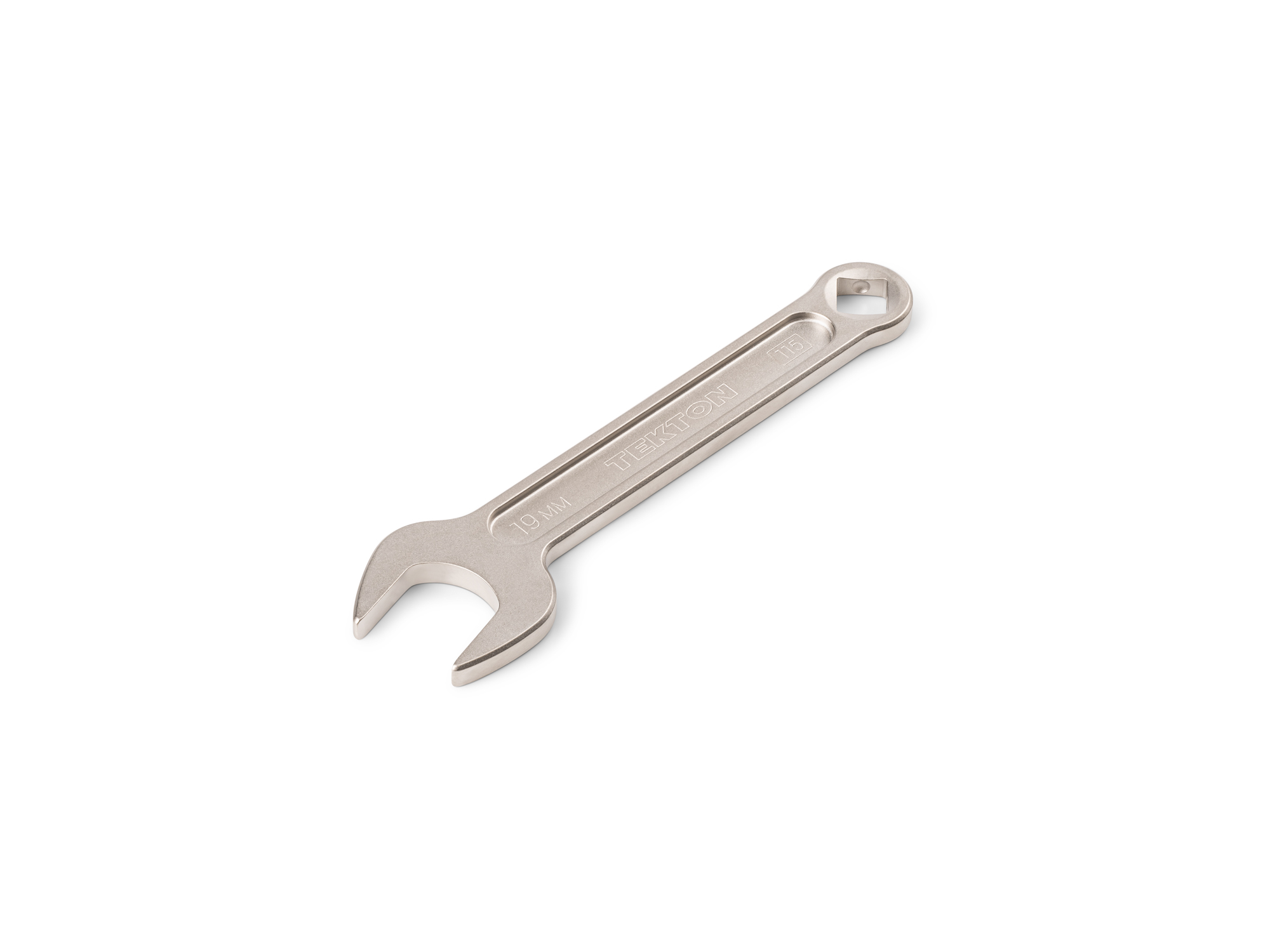 Front-right angle view of Tekton 19 millimeter service wrench set. Item #WSE14419