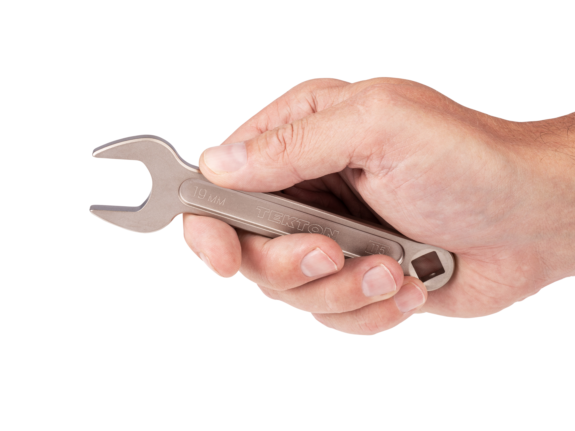 Person holding Tekton 19 millimeter service wrench set. Item #WSE14419