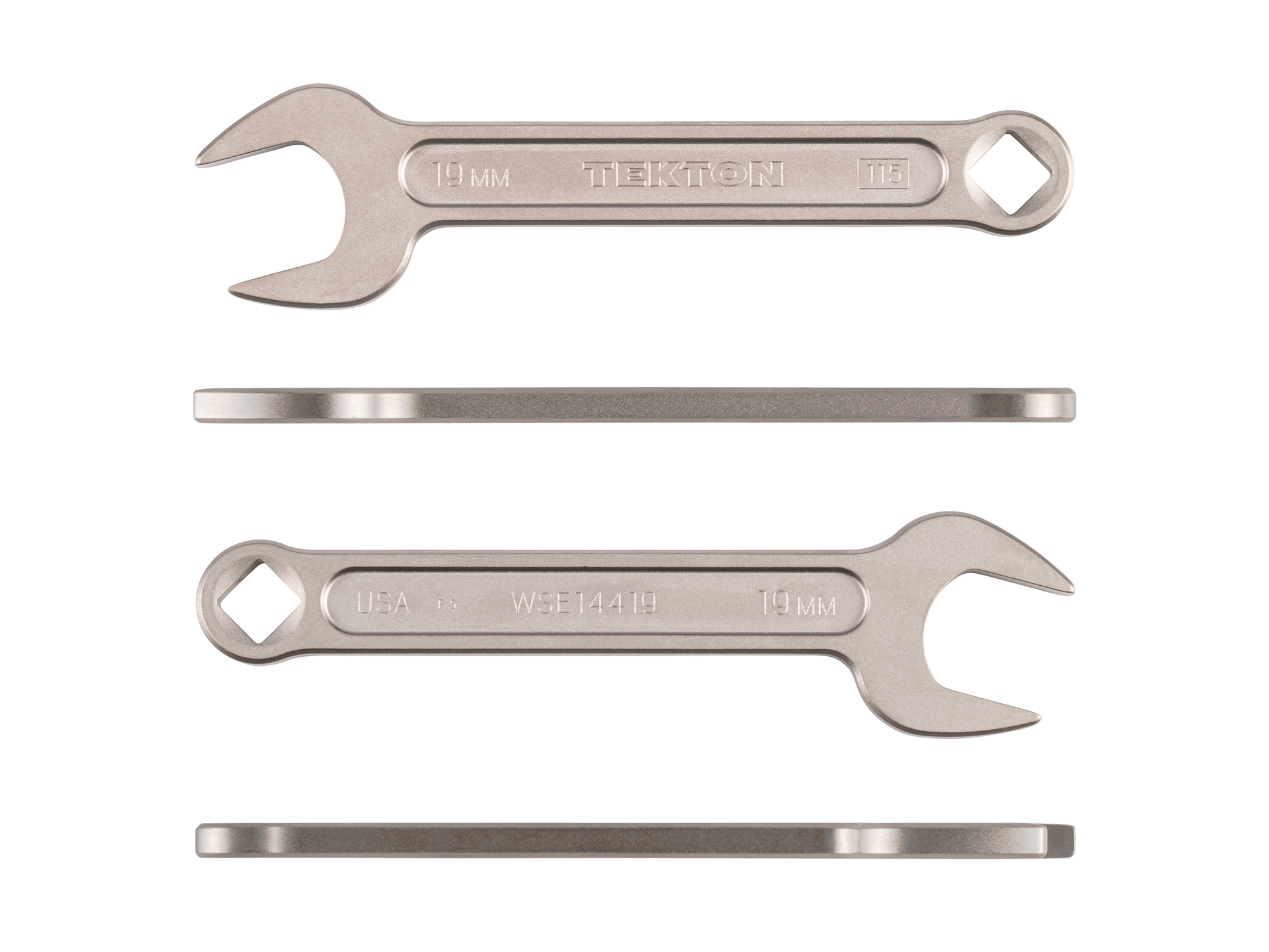 Side view of Tekton 19 millimeter service wrench set. Item #WSE14419