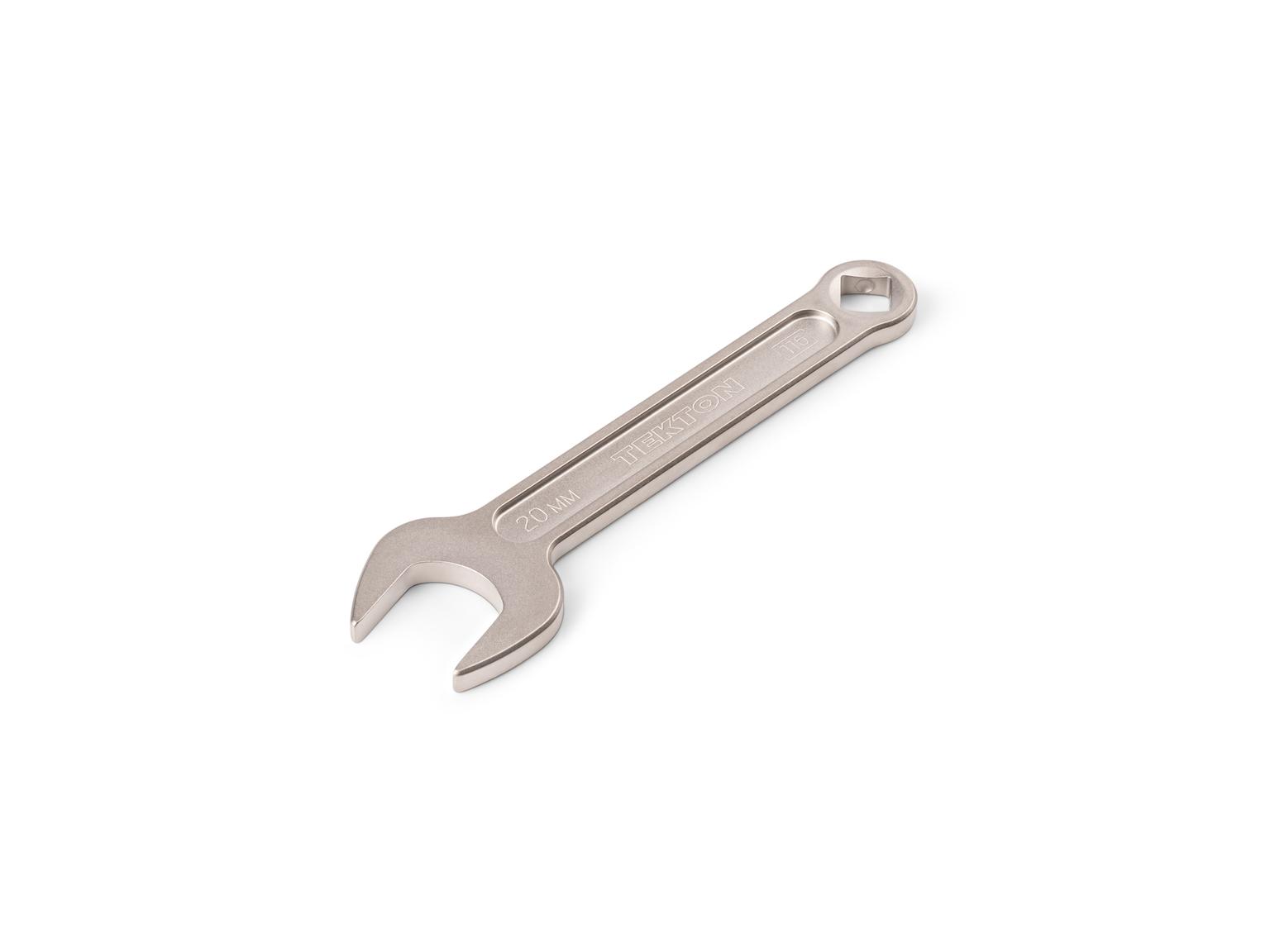 Front-right angle view of Tekton 20 millimeter service wrench set. Item #WSE14420