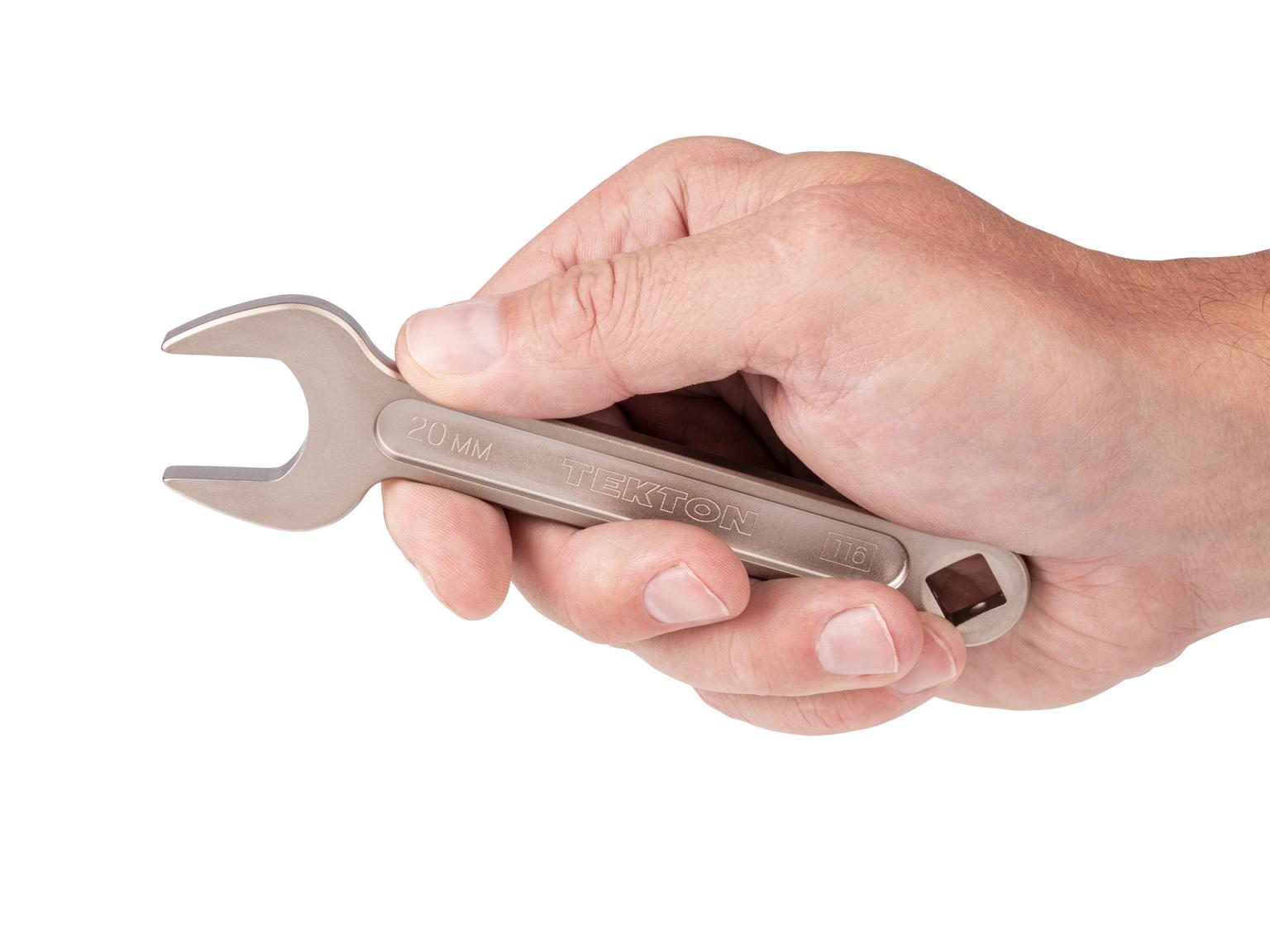 Person holding Tekton 20 millimeter service wrench set. Item #WSE14420