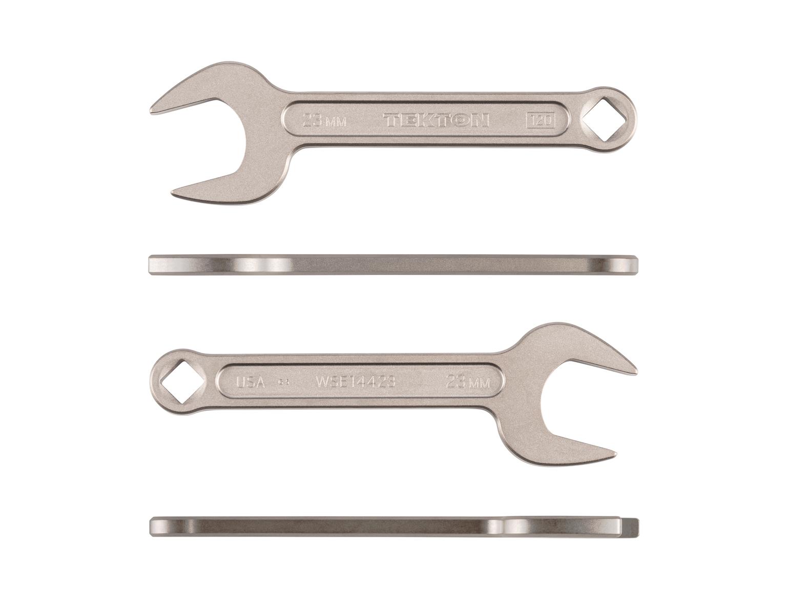 Side view of Tekton 23 millimeter service wrench set. Item #WSE14423