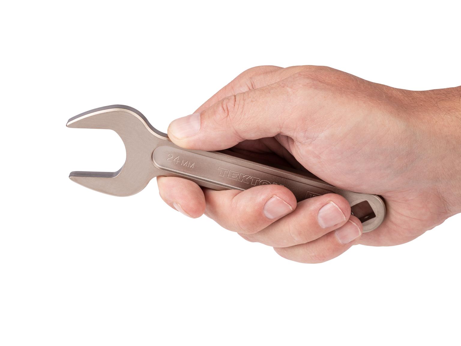 Person holding Tekton 24 millimeter service wrench set. Item #WSE14424