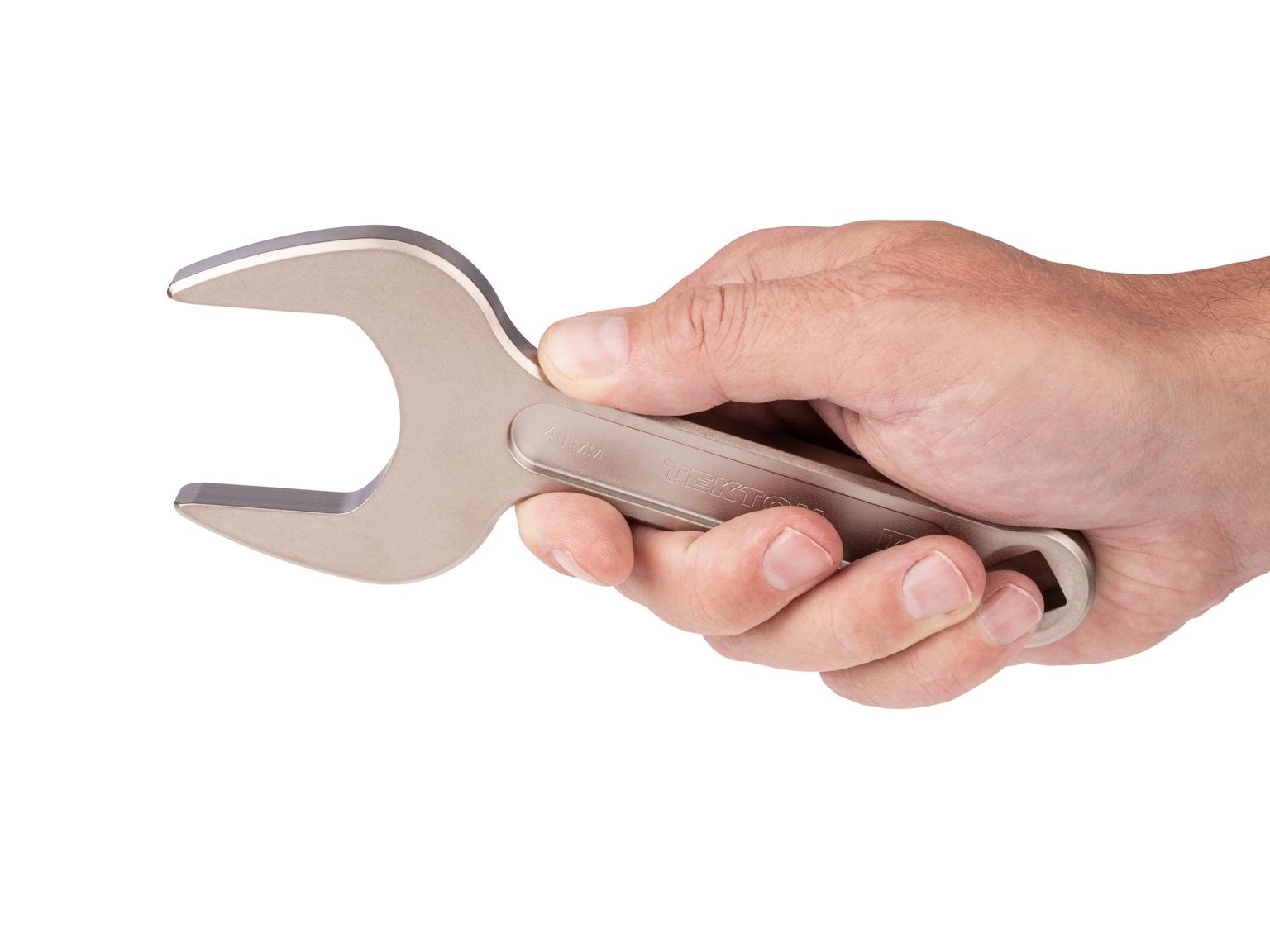 Person holding Tekton 41 millimeter service wrench set. Item #WSE14441