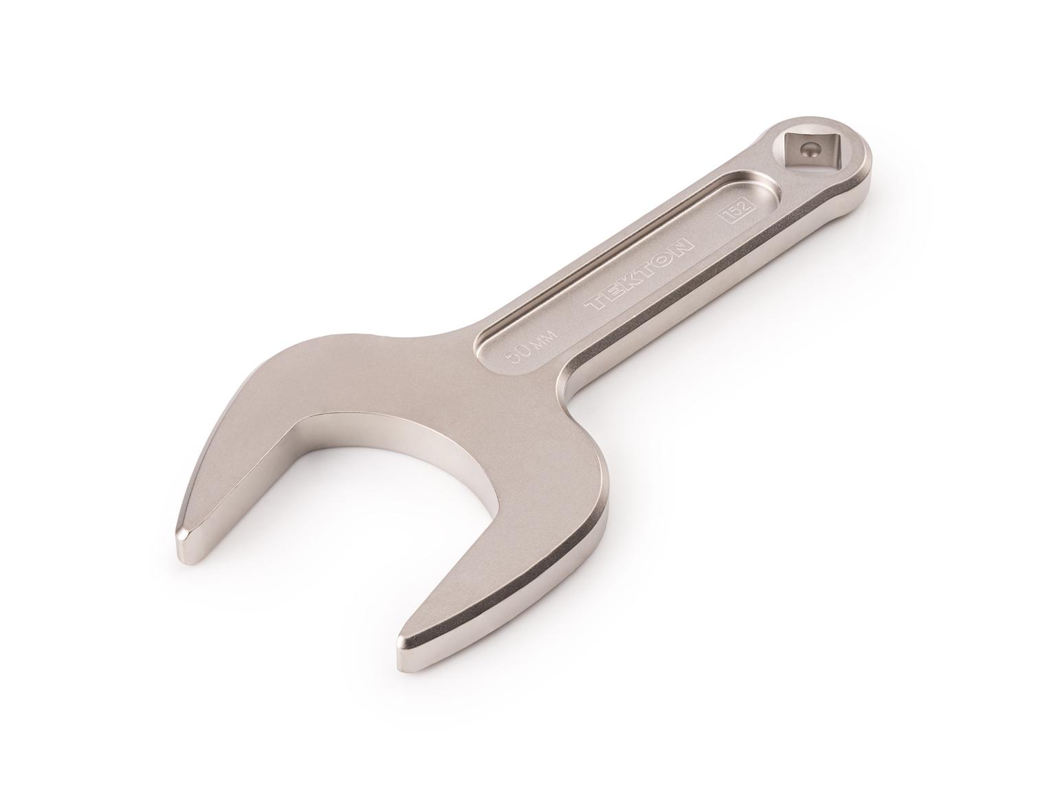Front-right angle view of Tekton 50 millimeter service wrench set. Item #WSE14450