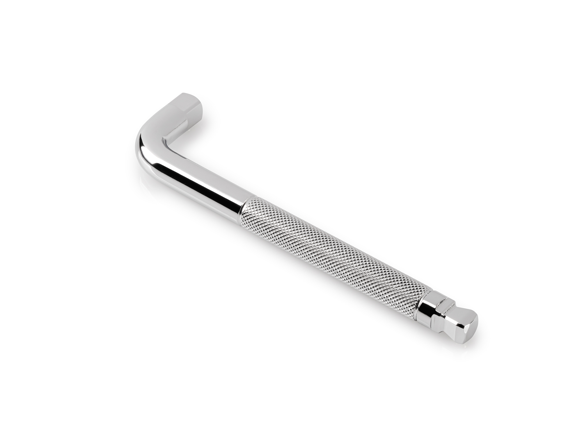 An L-shaped hand tool with two drive ends: a 10 degree wobble end and a square end. The long arm has a wide knurled band for grip. SLH10106.