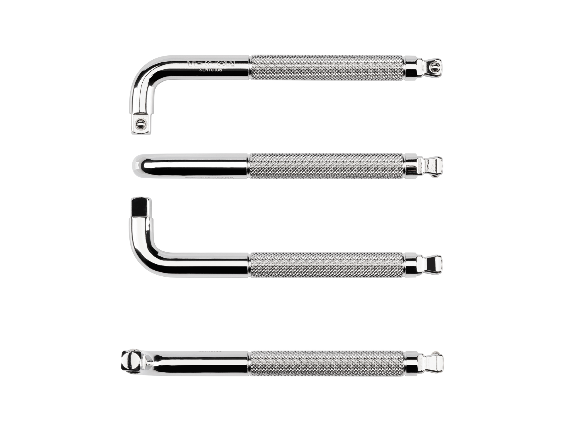 An L-shaped hand tool with two drive ends: a 10 degree wobble end and a square end. The long arm has a wide knurled band for grip. SLH10106.