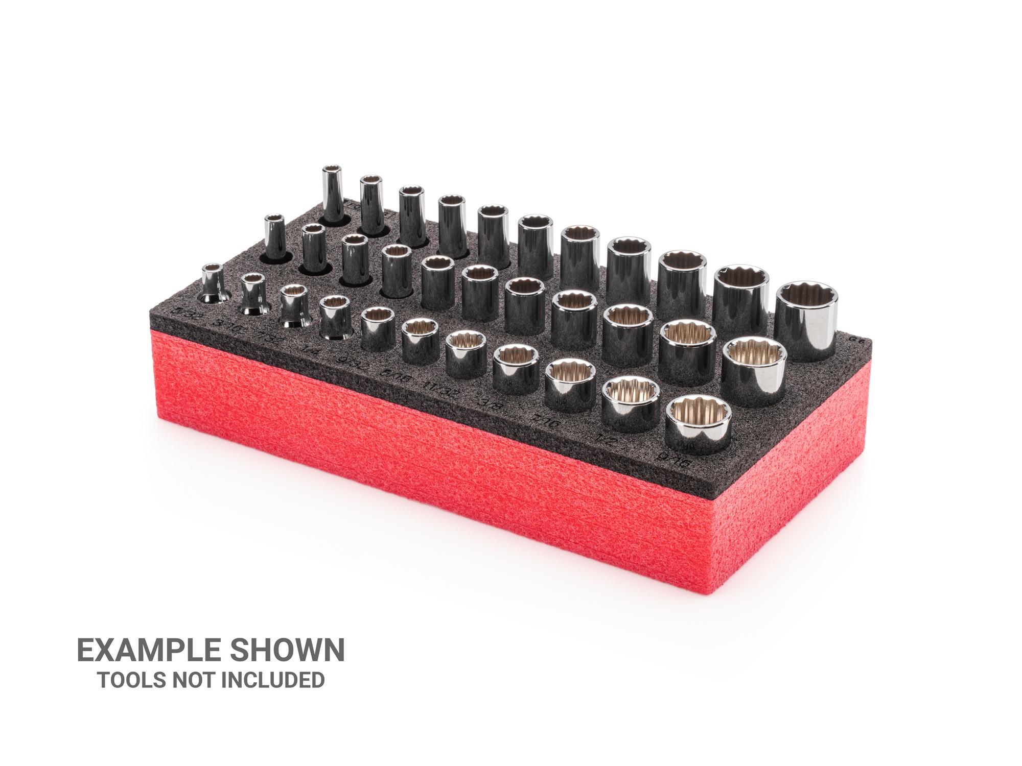 Front-right angle view of black Tekton foam socket organization. Item #F00003KR