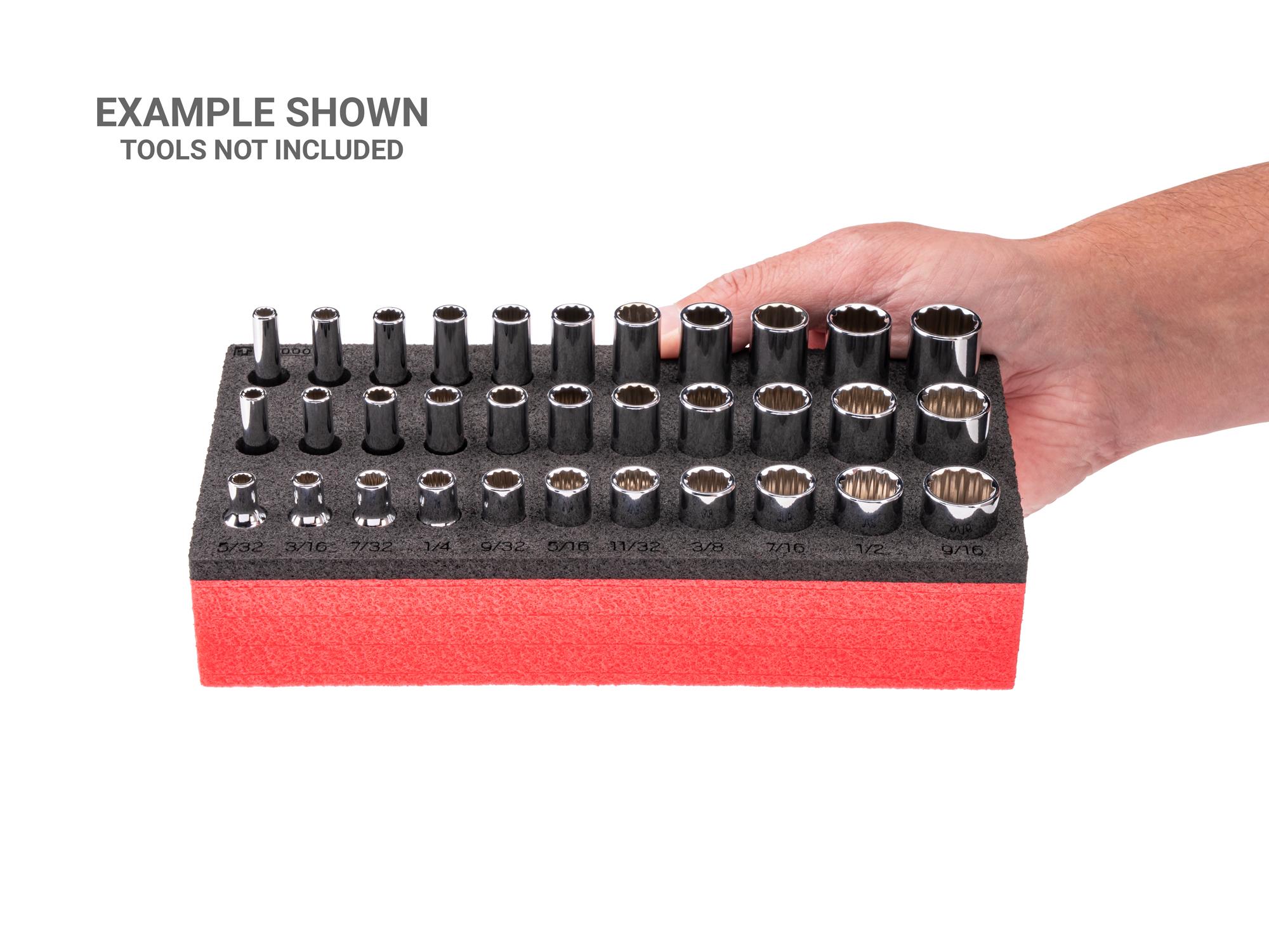 Person holding black Tekton foam socket organization. Item #F00003KR