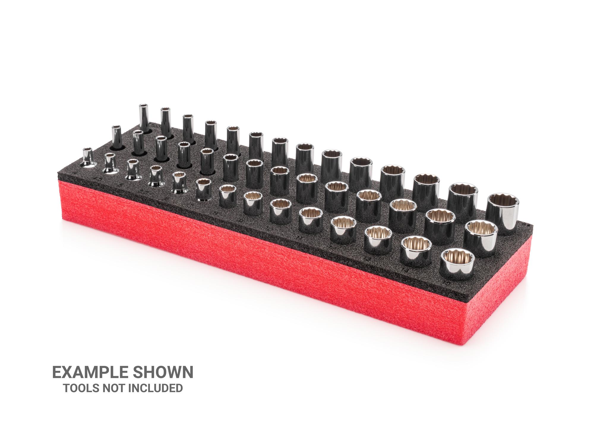 Front-right angle view of black Tekton foam socket organization. Item #F00004KR
