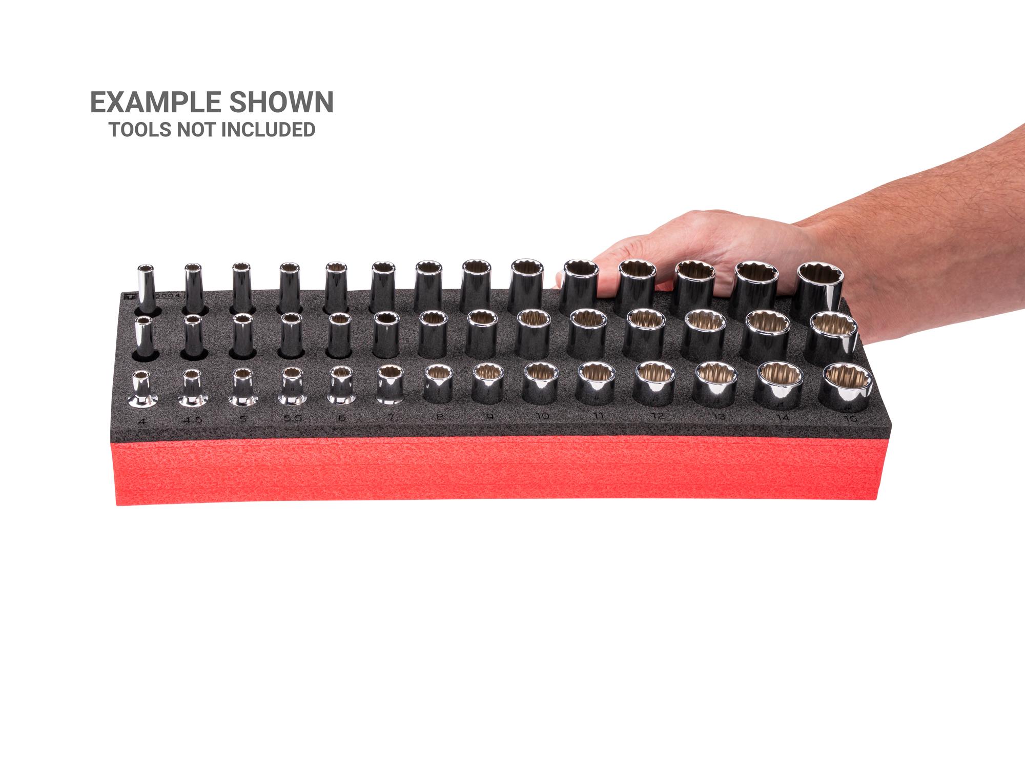 Person holding black Tekton foam socket organization. Item #F00004KR