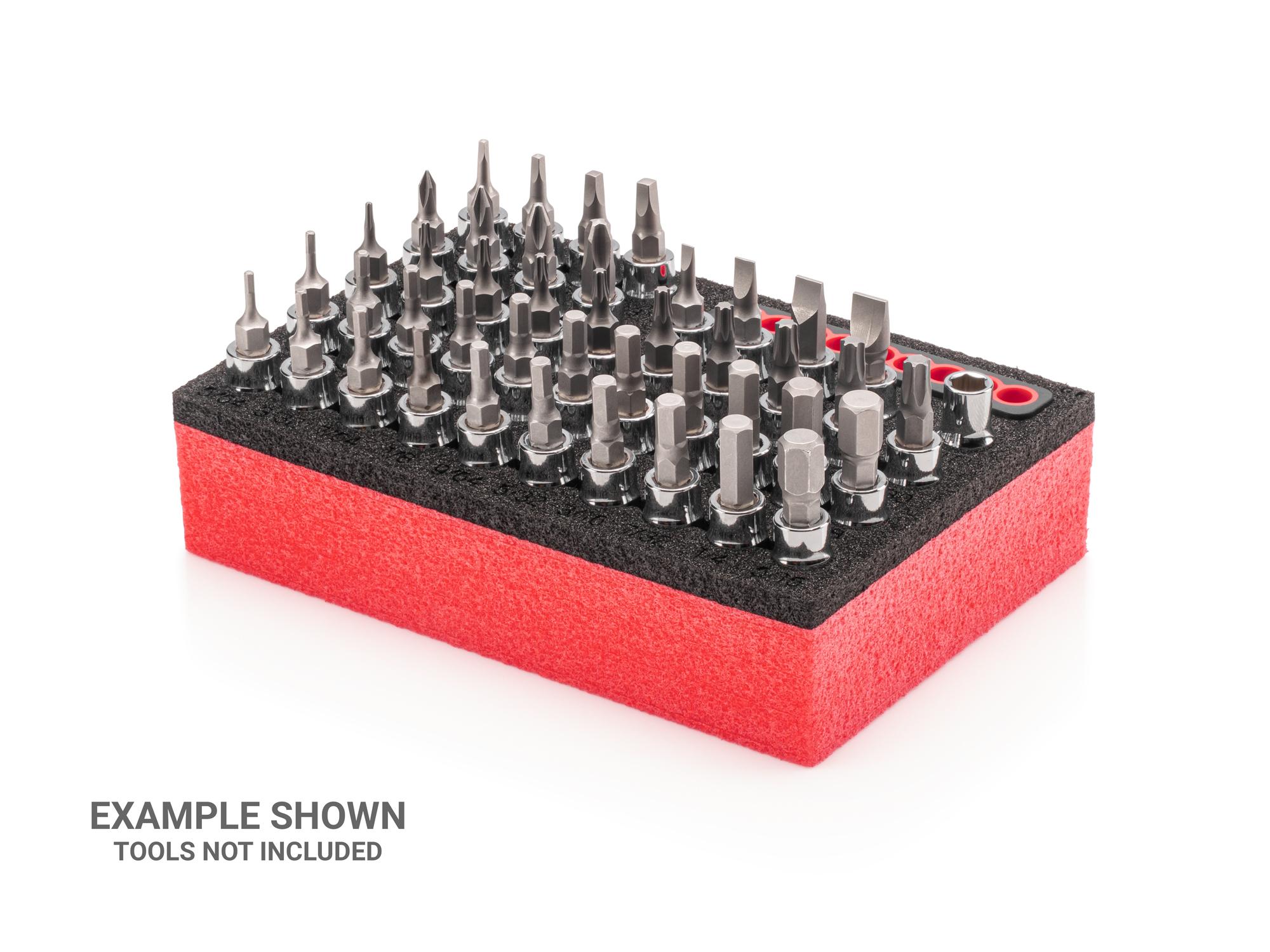Front-right angle view of black Tekton foam socket organization. Item #F00005KR