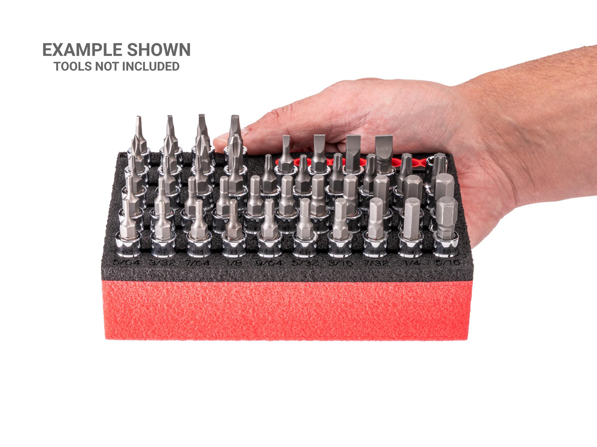 Person holding black Tekton foam socket organization. Item #F00005KR