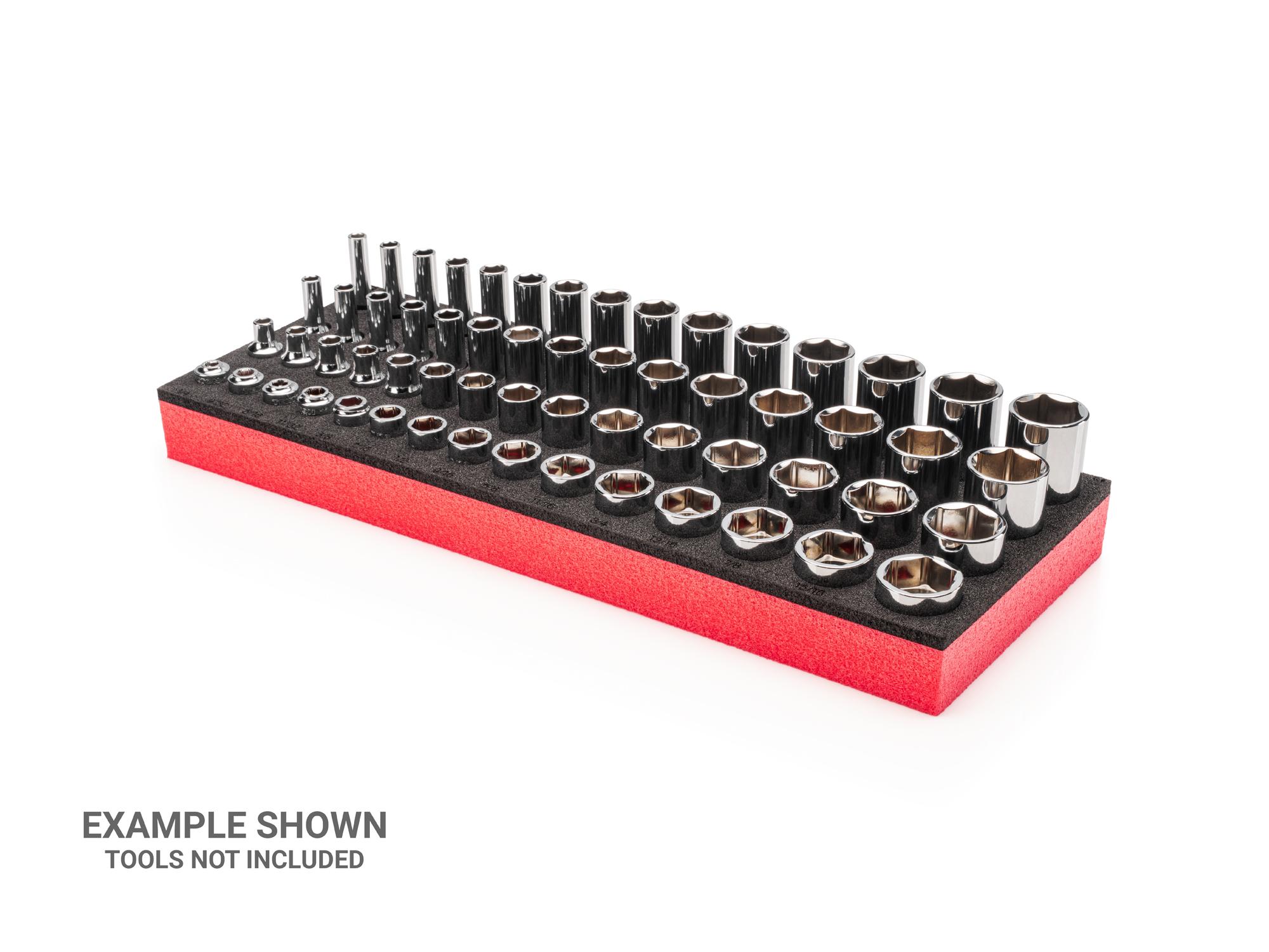 Front-right angle view of black Tekton foam socket organization. Item #F00007KR