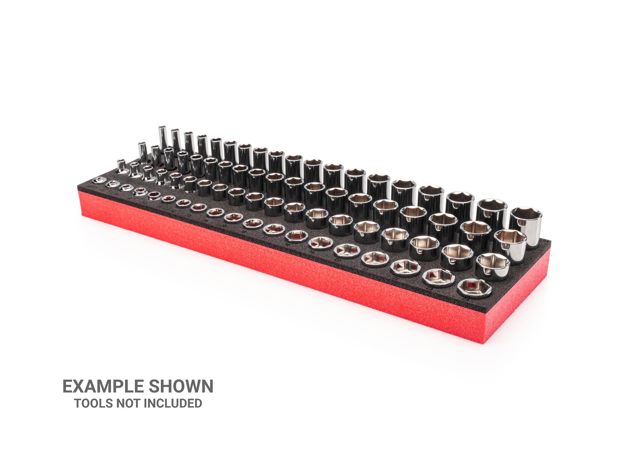 Front-right angle view of black Tekton foam socket organization. Item #F00008KR