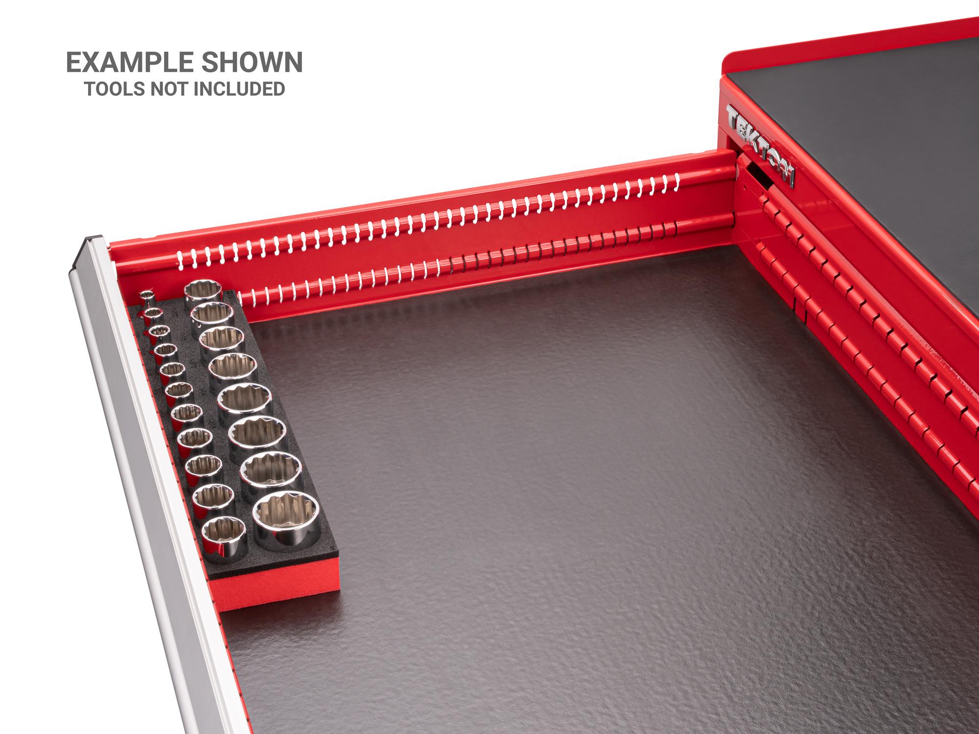 Front angled view of Tekton foam socket in a tool cabinet drawer. Item #F00012KR