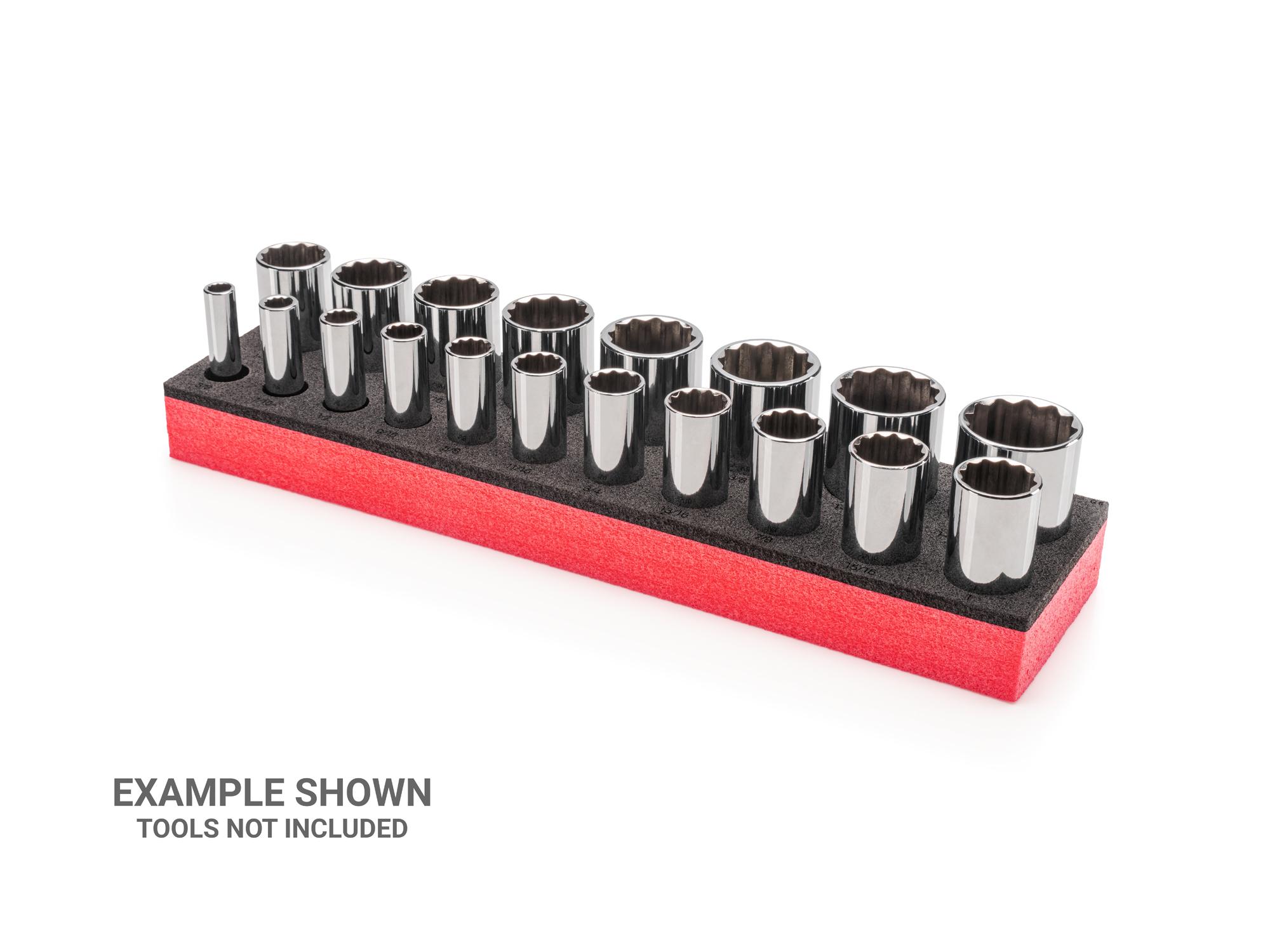 Front-right angle view of black Tekton foam socket organization. Item #F00013KR