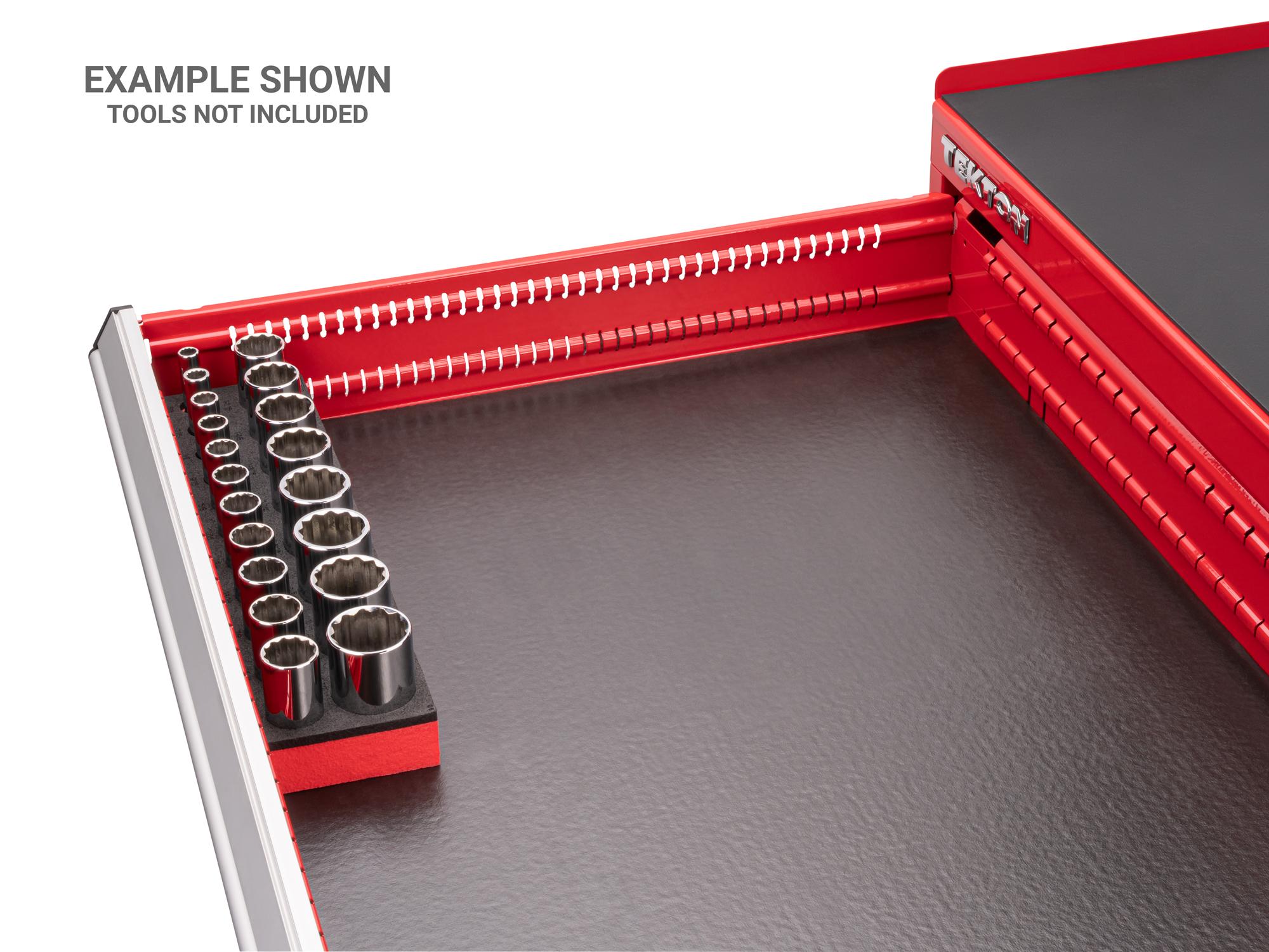 Front angled view of Tekton foam socket in a tool cabinet drawer. Item #F00013KR