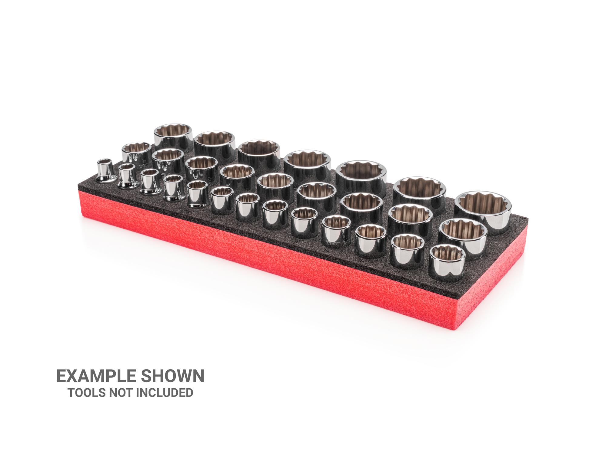 Front-right angle view of black Tekton foam socket organization. Item #F00014KR