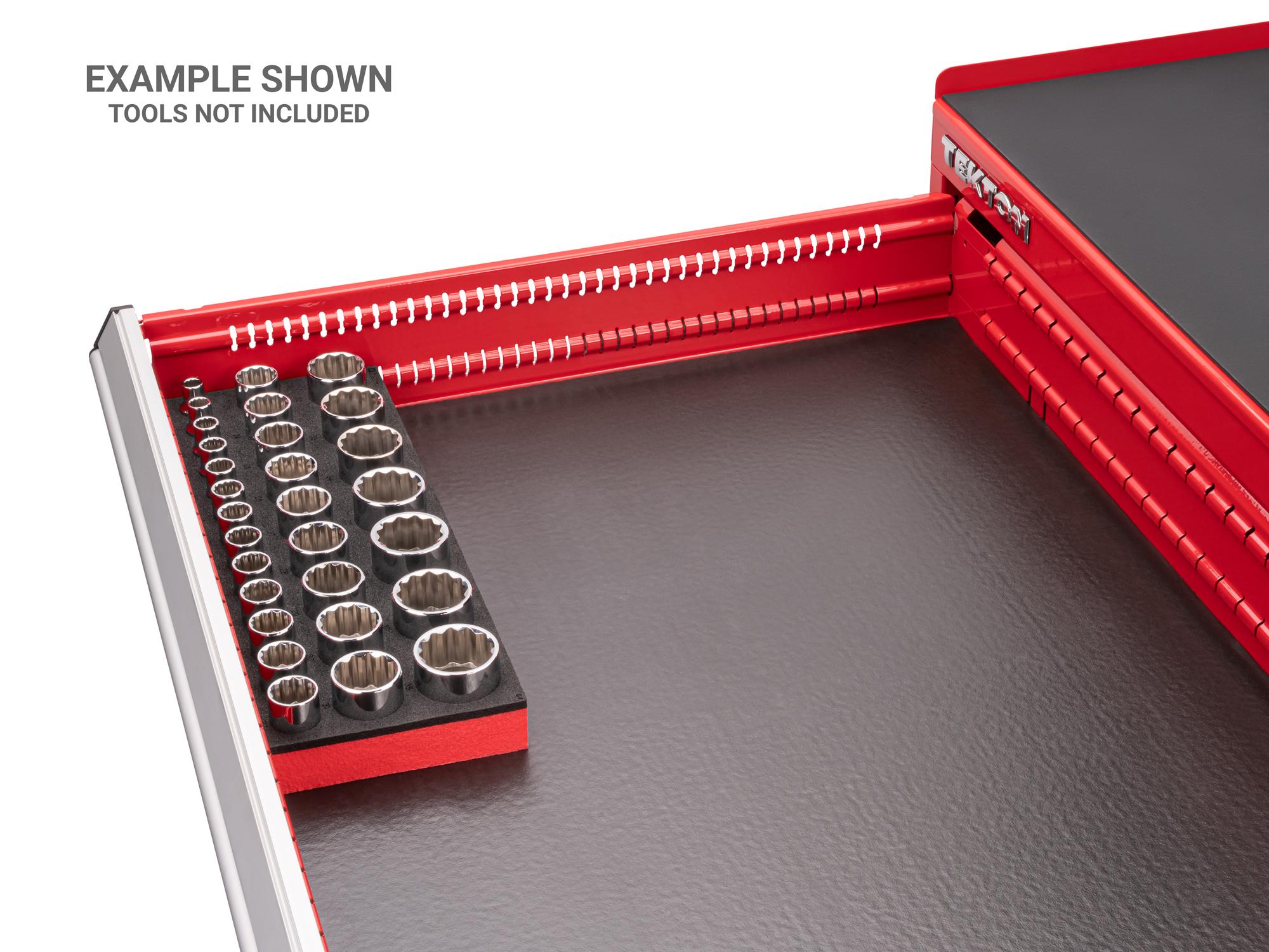 Front angled view of Tekton foam socket in a tool cabinet drawer. Item #F00014KR
