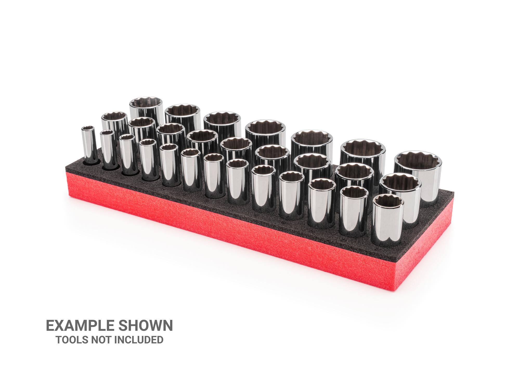 Front-right angle view of black Tekton foam socket organization. Item #F00015KR