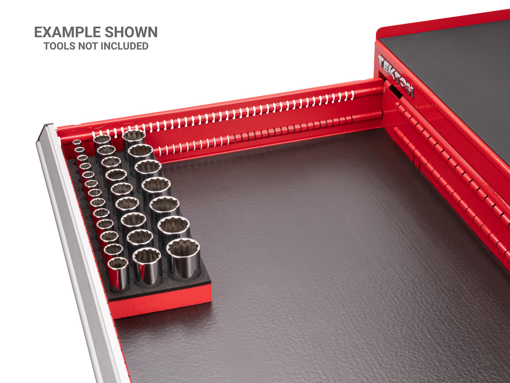 Front angled view of Tekton foam socket in a tool cabinet drawer. Item #F00015KR