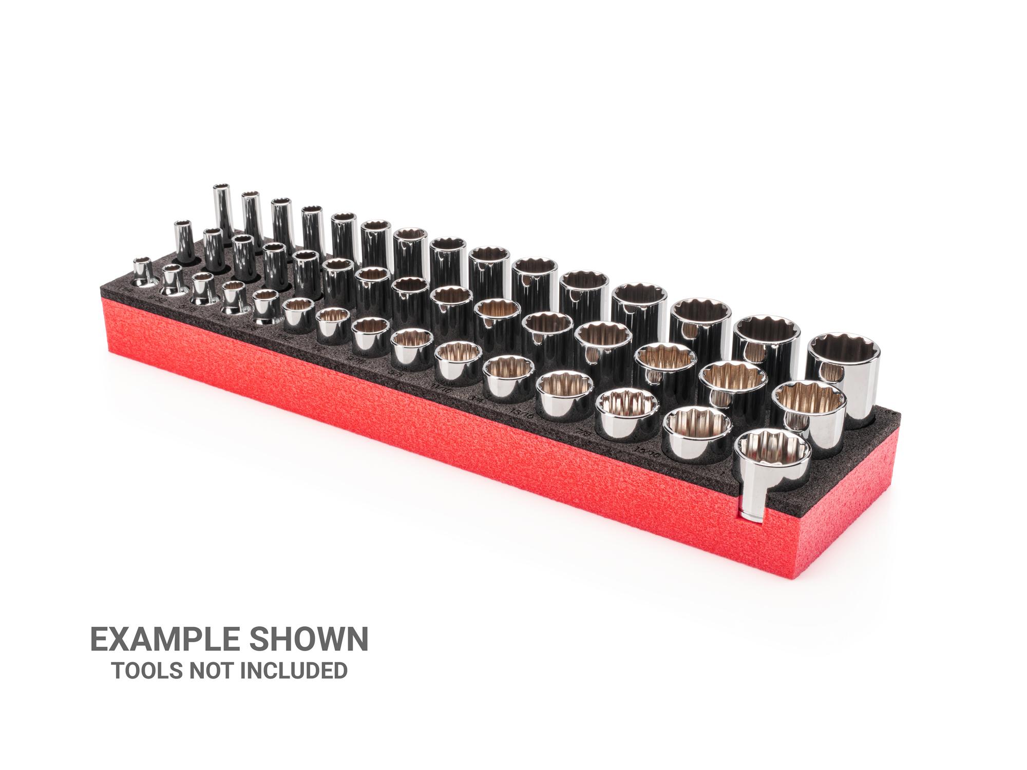 Front-right angle view of black Tekton foam socket organization. Item #F00019KR