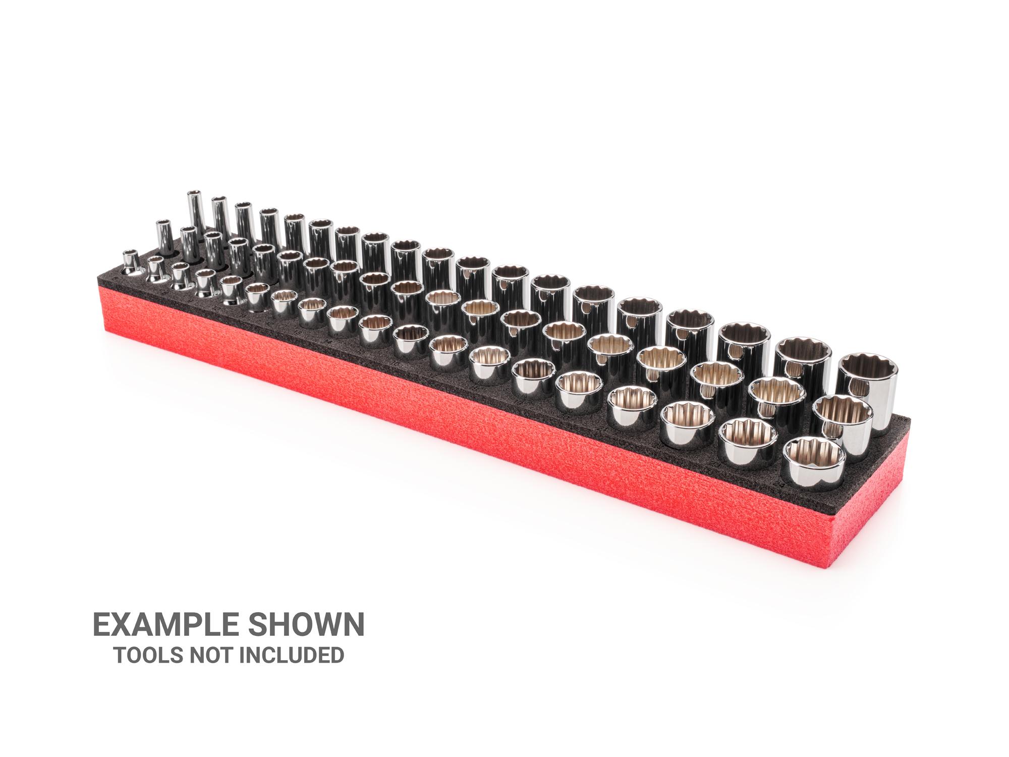 Front-right angle view of black Tekton foam socket organization. Item #F00020KR