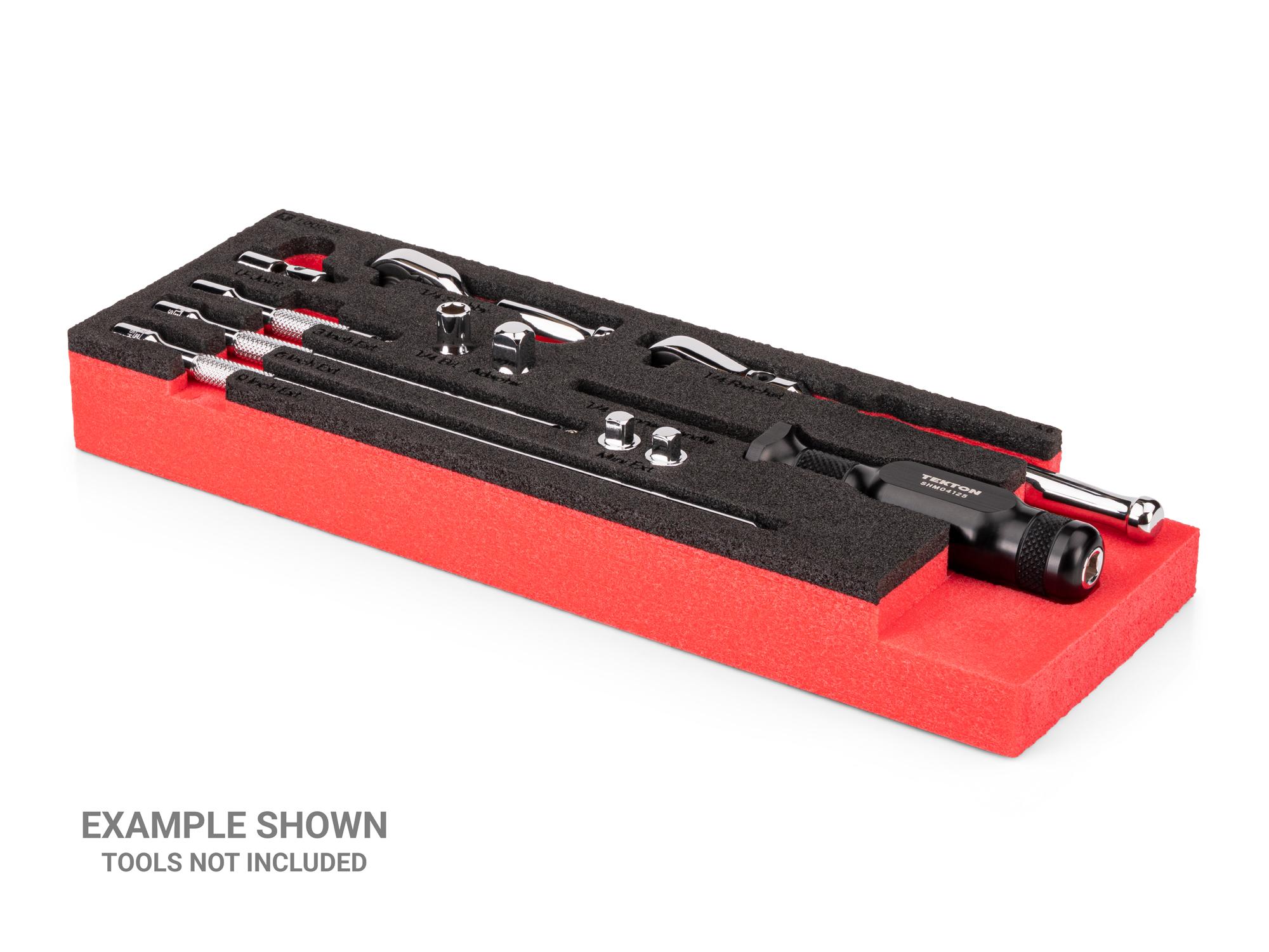 Angled view of black Tekton 1/4 inch ratchet and accessory set foam organizer. Example image; tools not included.