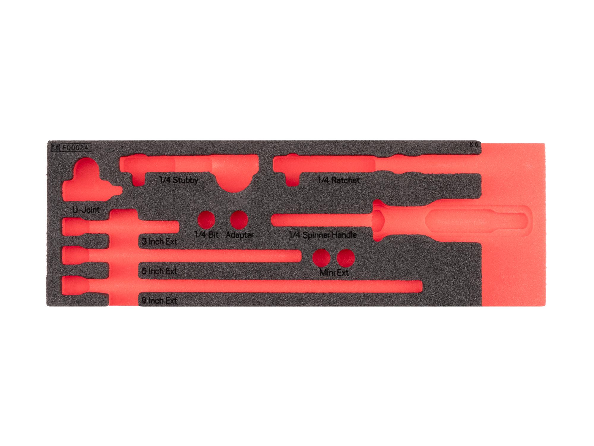 Top view of black Tekton 1/4 inch ratchet and accessory set foam organizer. F00024KR
