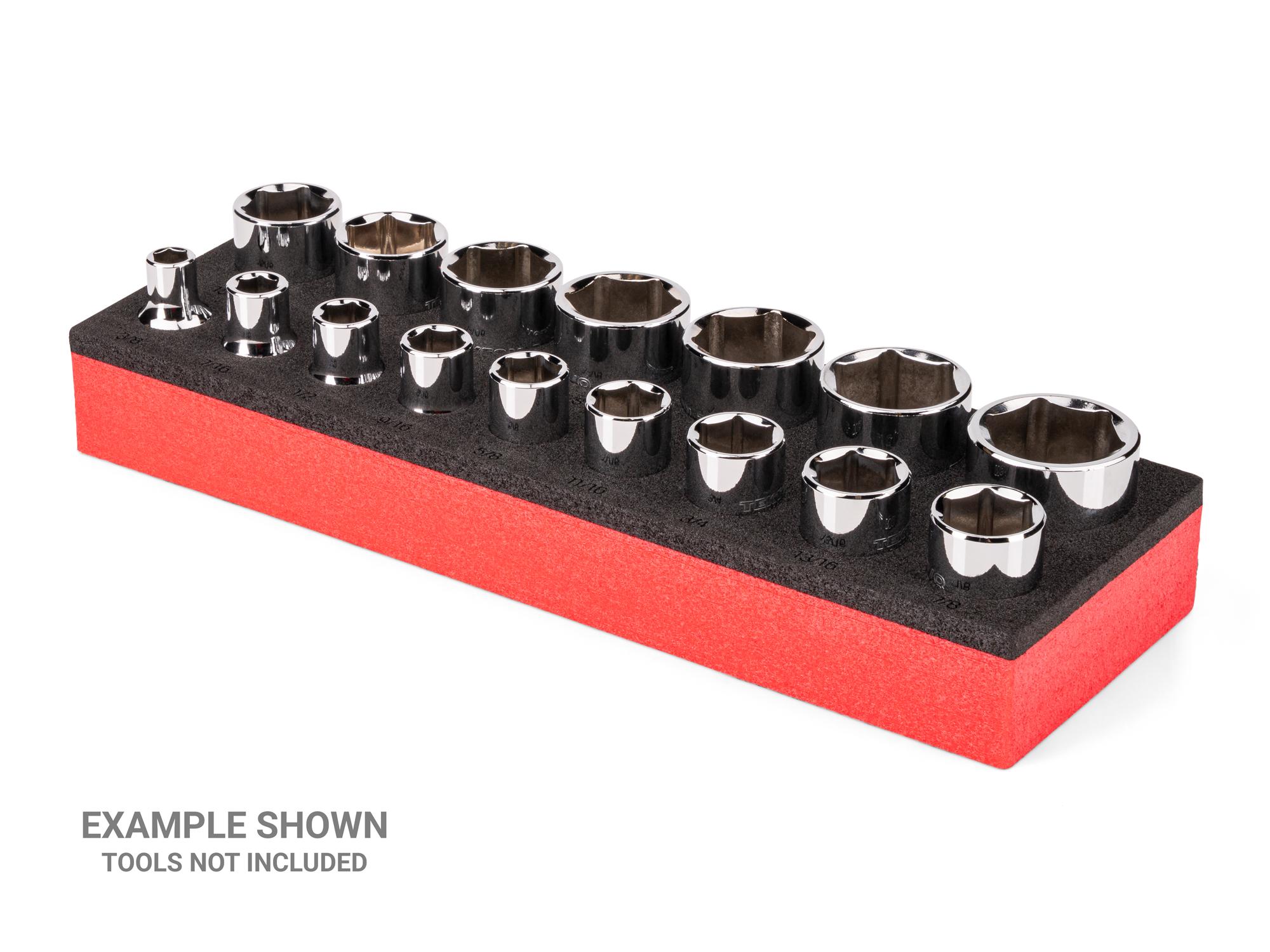 Angled view of black Tekton 1/2 inch drive shallow socket set foam organizer. F00025KR