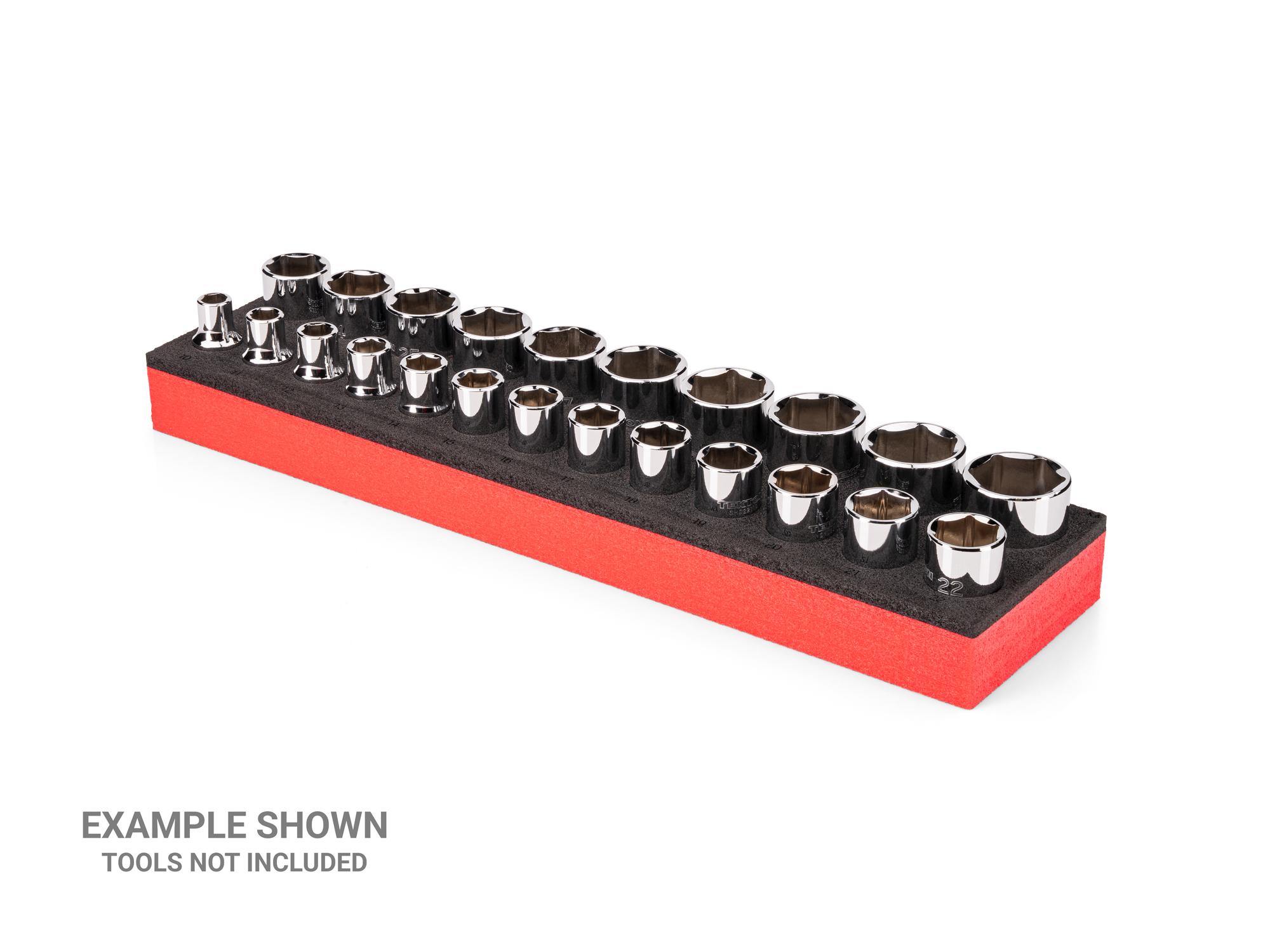 Angled view of black Tekton 1/2 inch drive shallow socket set foam organizer. Example image; tools not included. F00026KR