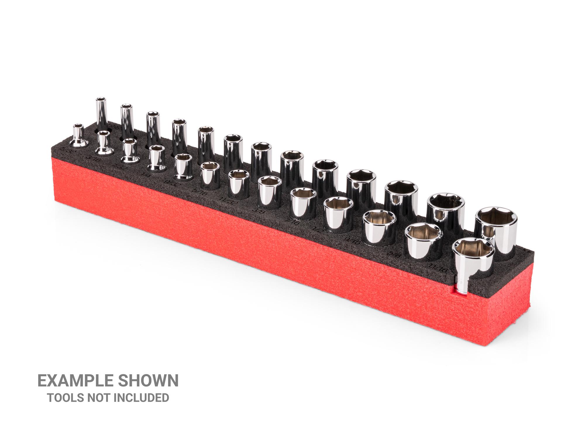 Angled view of black Tekton 1/4 inch drive shallow and deep socket set foam organizer. F00027KR