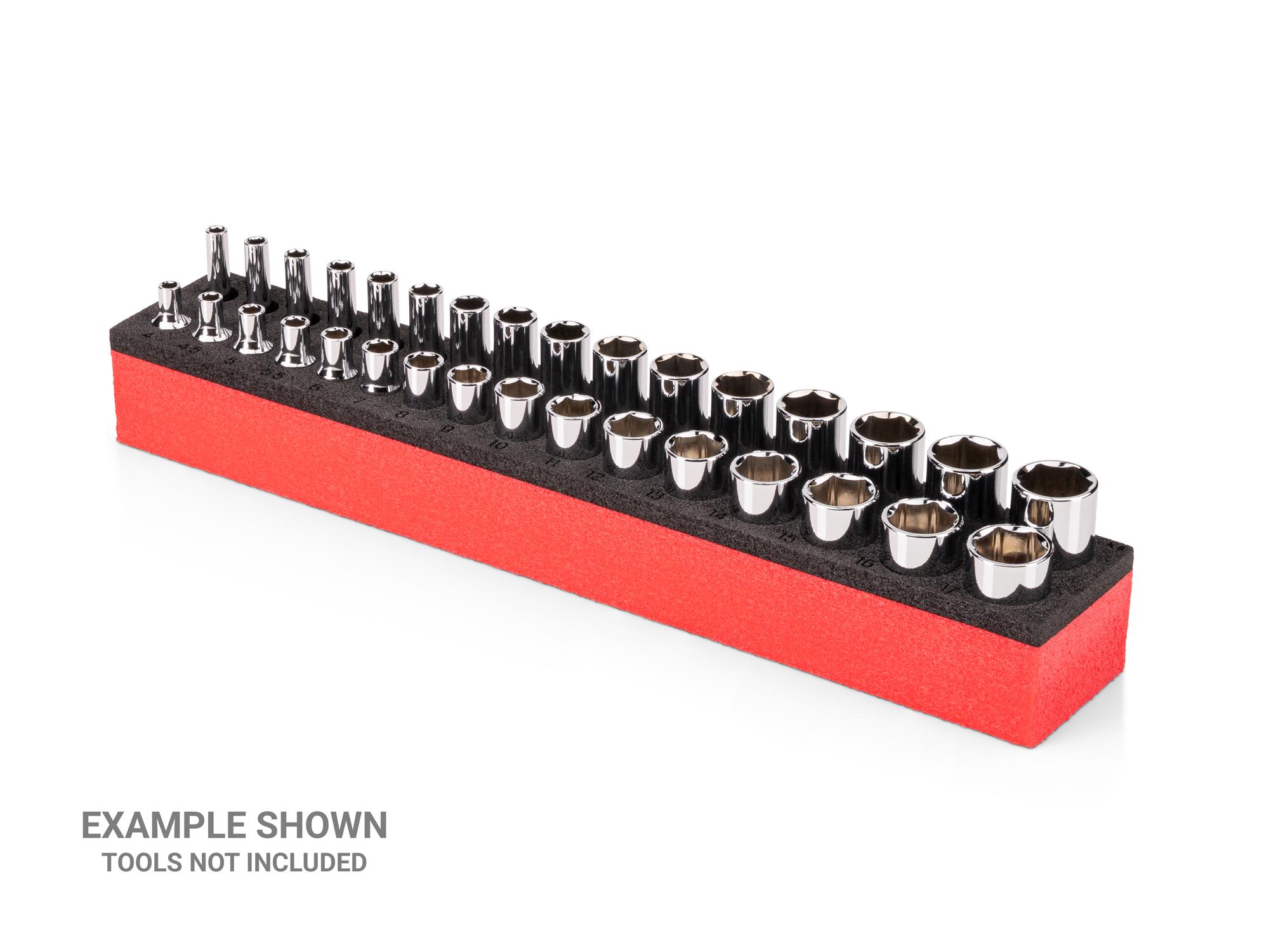 Angled view of black Tekton 1/4 inch drive shallow and deep socket set foam organizer. F00028KR
